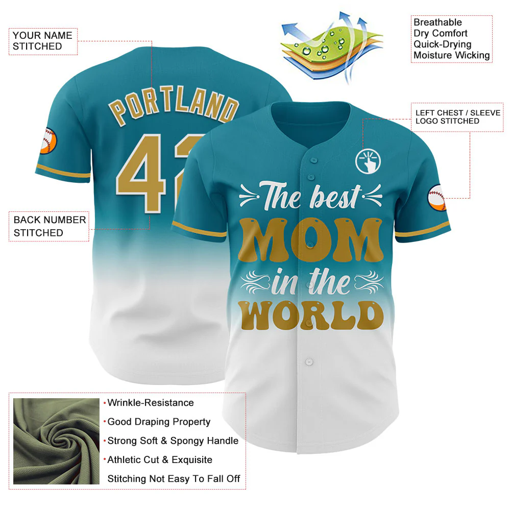 Custom Teal Old Gold-White 3D Pattern Design Gradient Mother's Day Authentic Baseball Jersey - Image 3