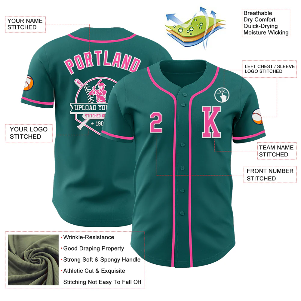 Custom Teal Pink-White Authentic Baseball Jersey - Image 6