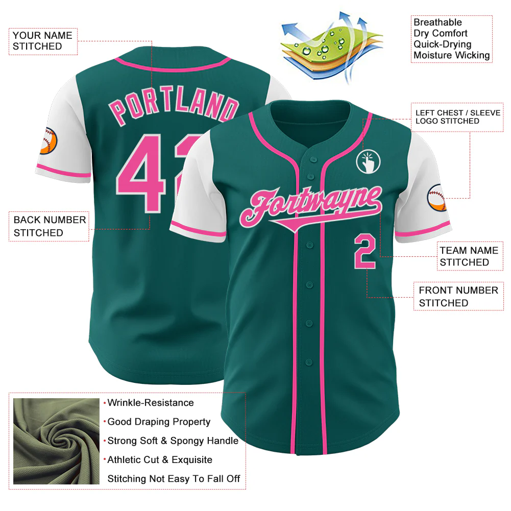 Custom Teal Pink-White Authentic Two Tone Baseball Jersey - Image 3