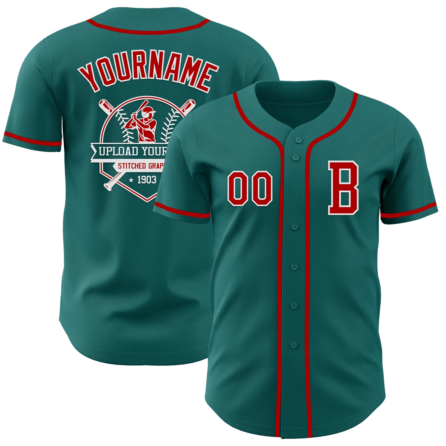 Custom Teal Red-White Authentic Baseball Jersey - Image 5