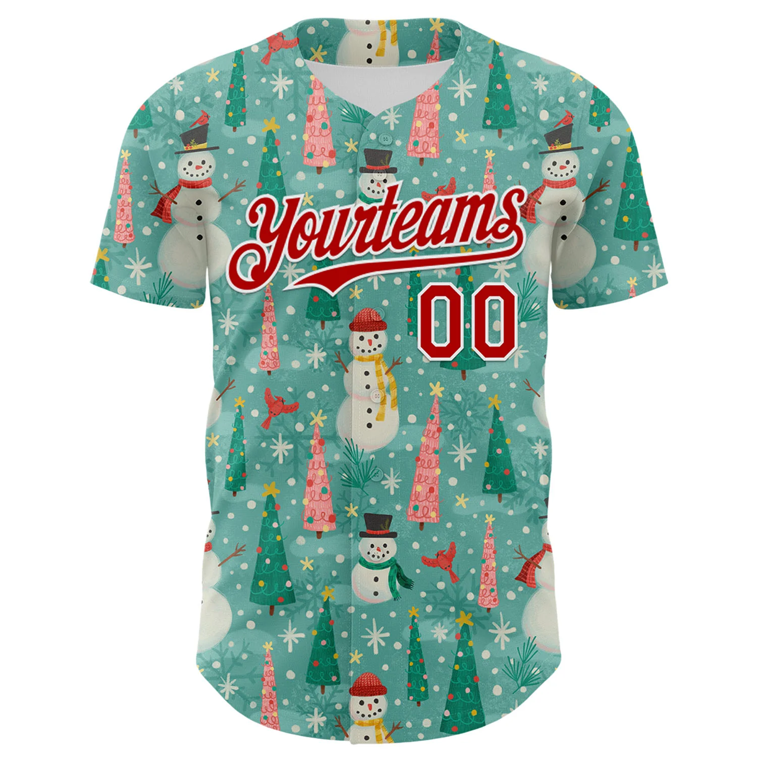 Custom Teal Red-White 3D Emi Bee Merry Snowmen Authentic Baseball Jersey - Image 2