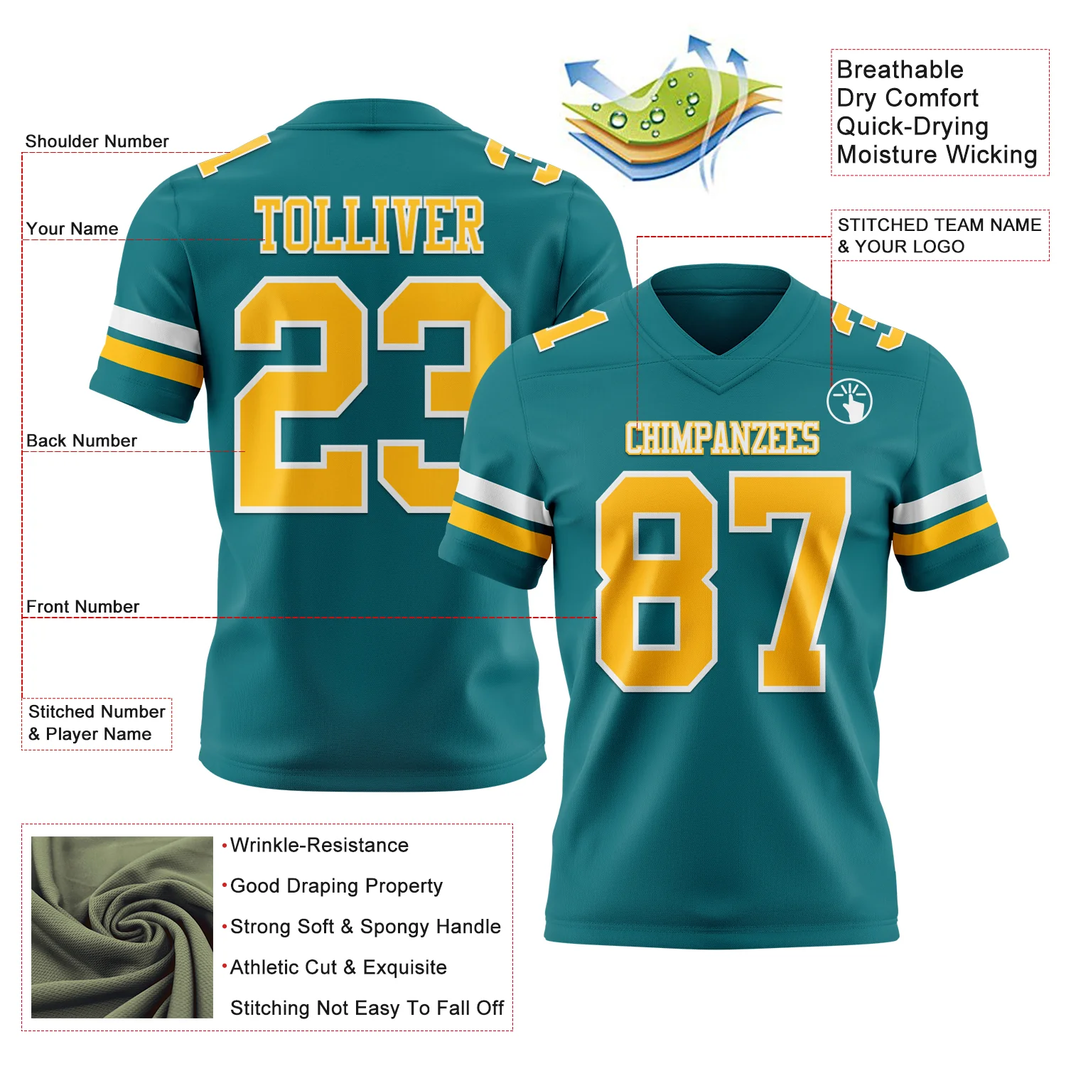 Custom Teal Gold-White Authentic Football Jersey - Image 3