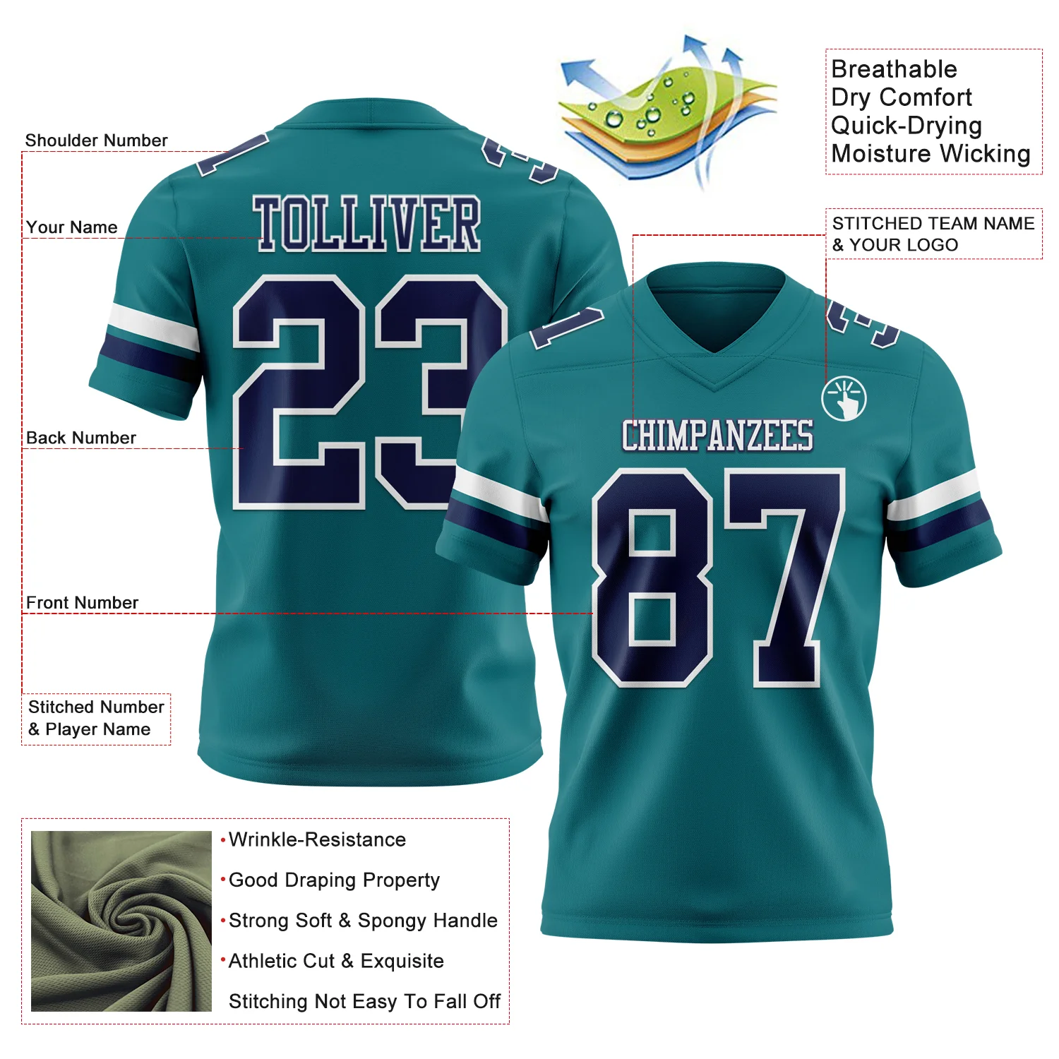 Custom Teal Navy-White Authentic Football Jersey - Image 3
