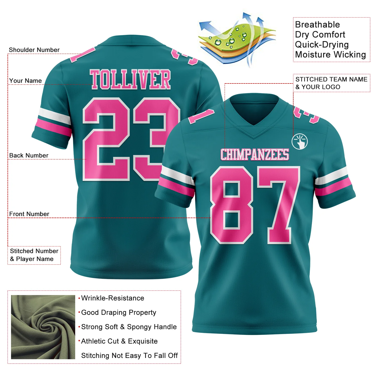 Custom Teal Pink-White Authentic Football Jersey - Image 3