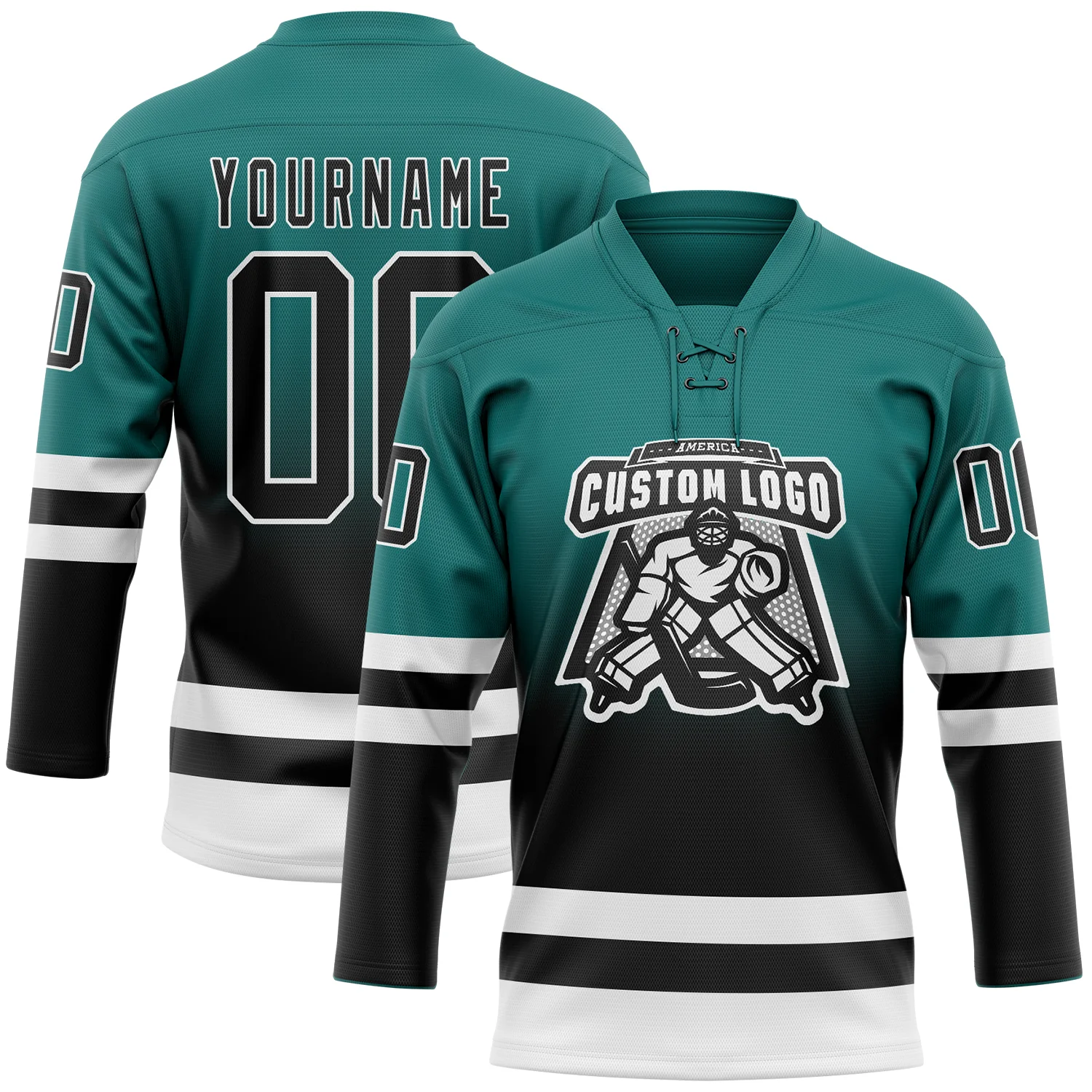 Custom Teal Black-White Fade Fashion Hockey Lace Neck Jersey - Image 2