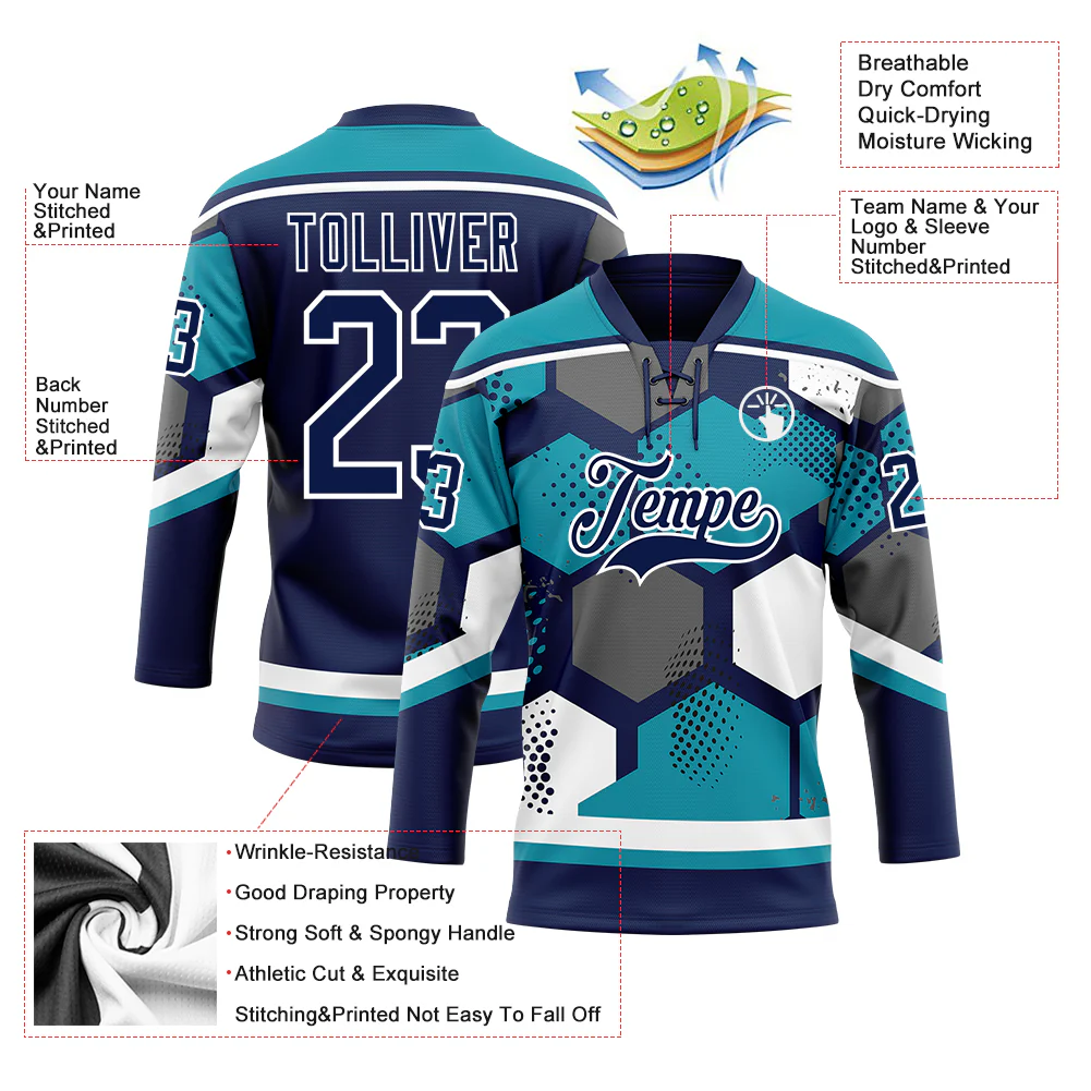 Custom Teal Navy-White 3D Pattern Geometric Shape Hockey Lace Neck Jersey - Image 5