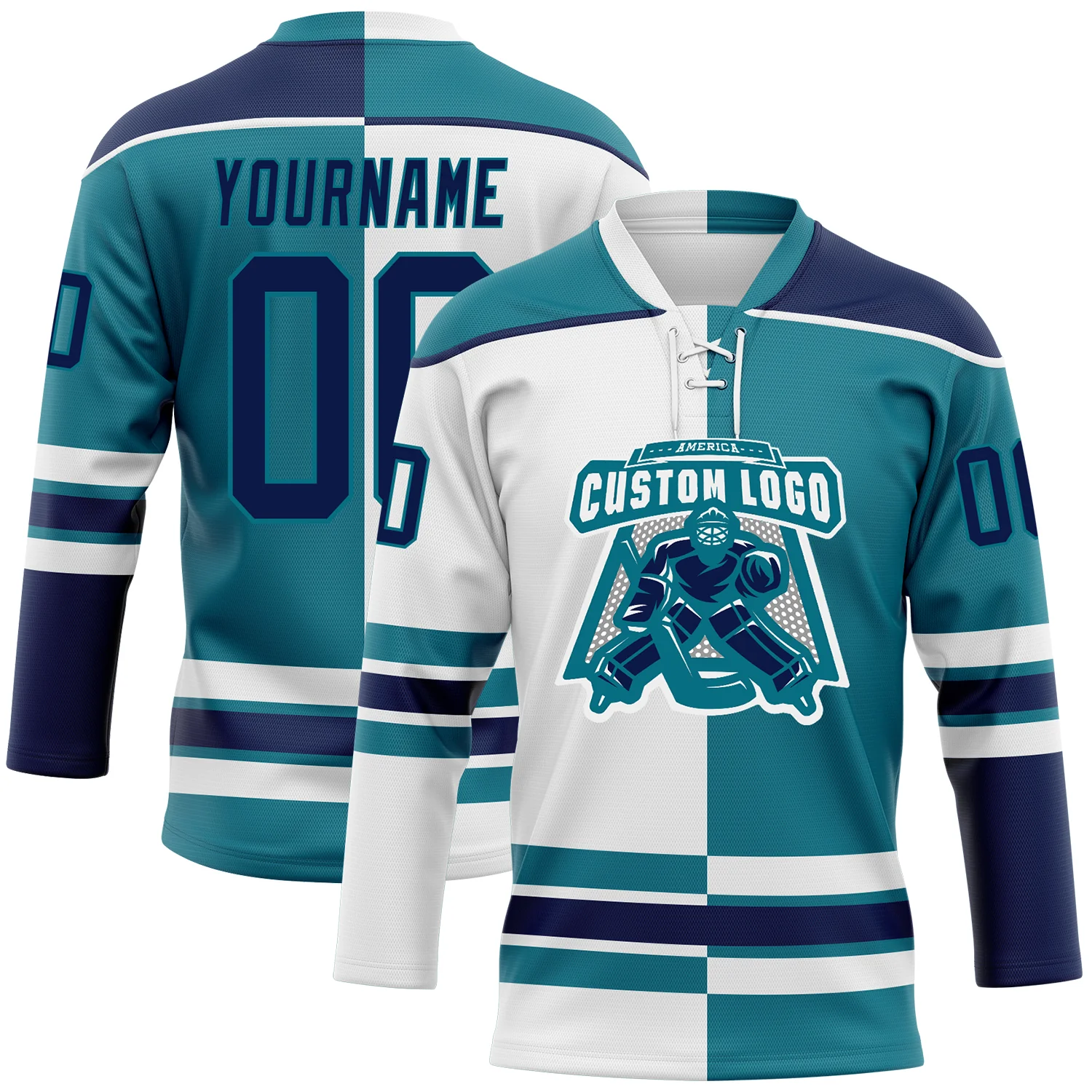 Custom Teal Navy-White Split Fashion Hockey Lace Neck Jersey - Image 2