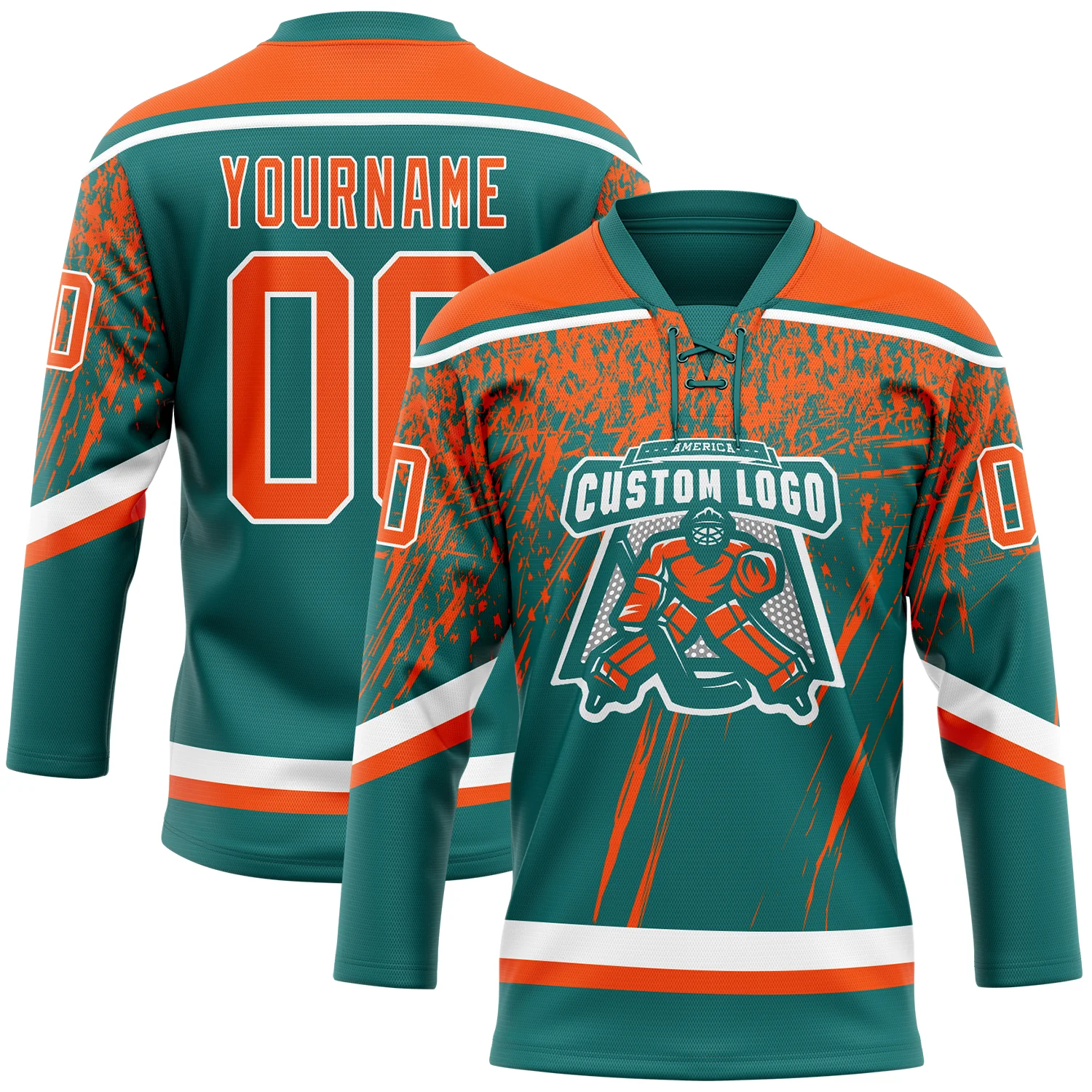 Custom Teal Orange-White 3D Splash Hockey Lace Neck Jersey - Image 2