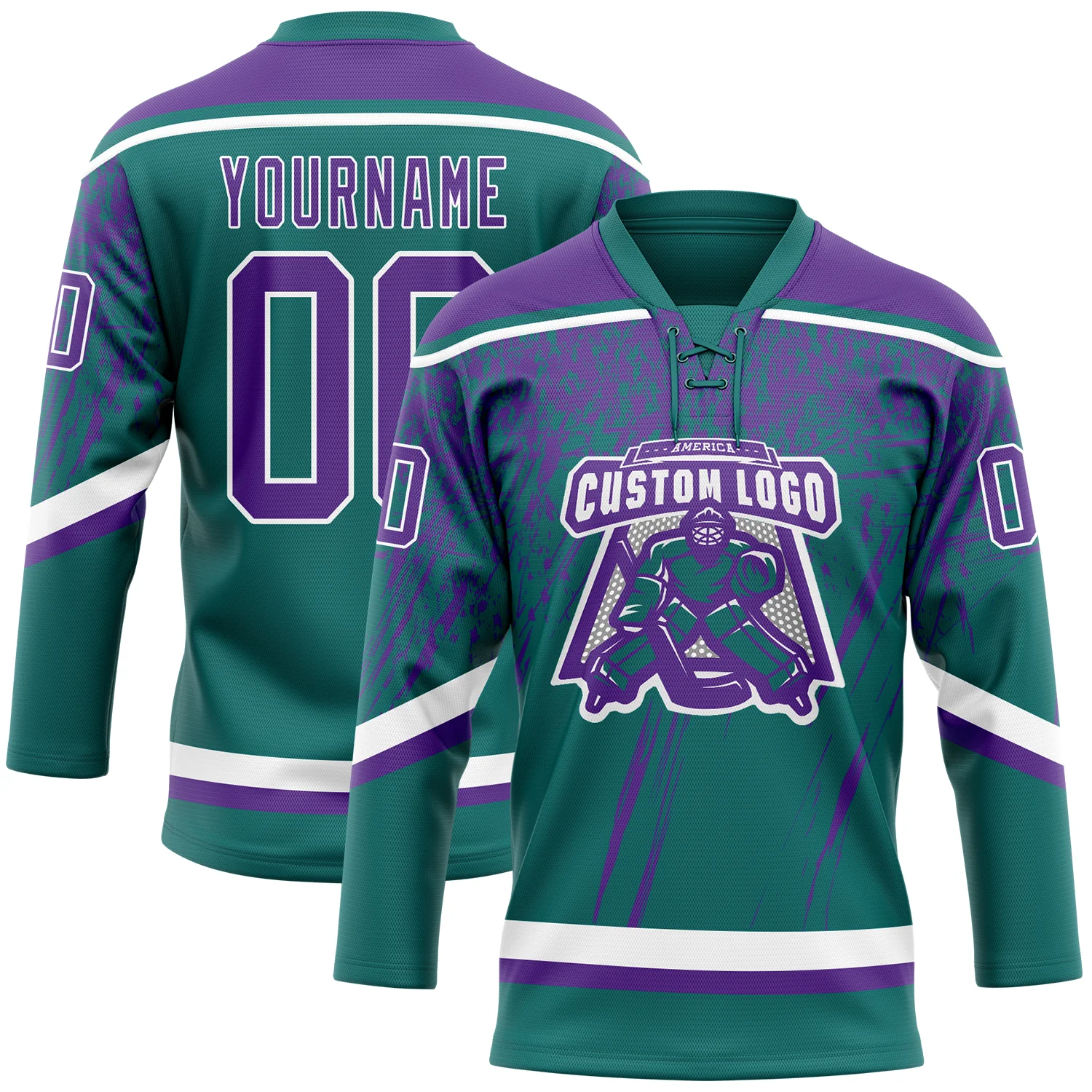 Custom Teal Purple-White 3D Splash Hockey Lace Neck Jersey - Image 2