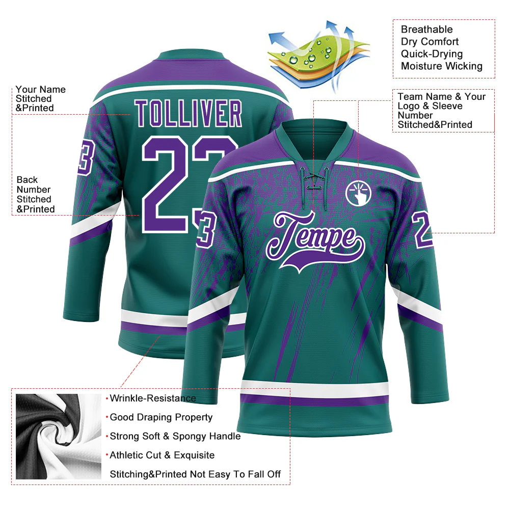 Custom Teal Purple-White 3D Splash Hockey Lace Neck Jersey - Image 3