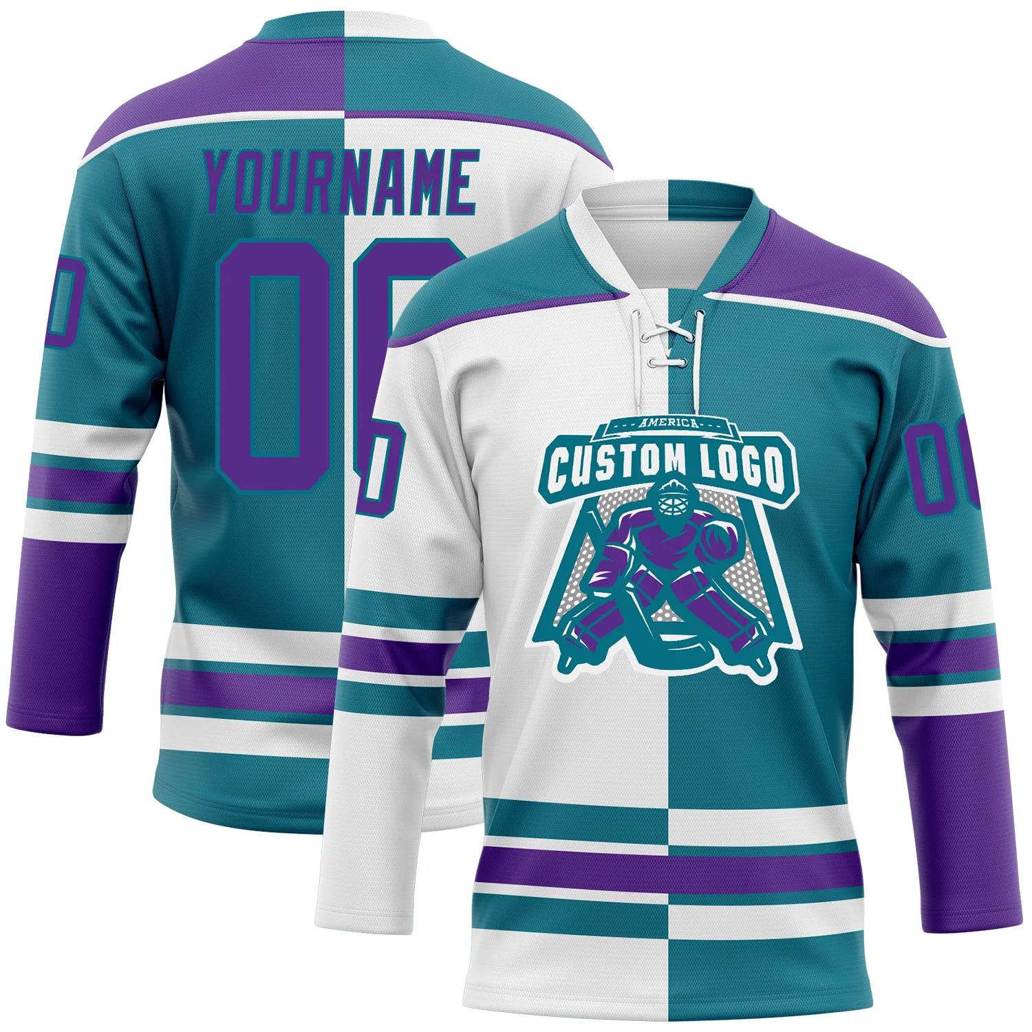 Custom Teal Purple-White Split Fashion Hockey Lace Neck Jersey - Image 2