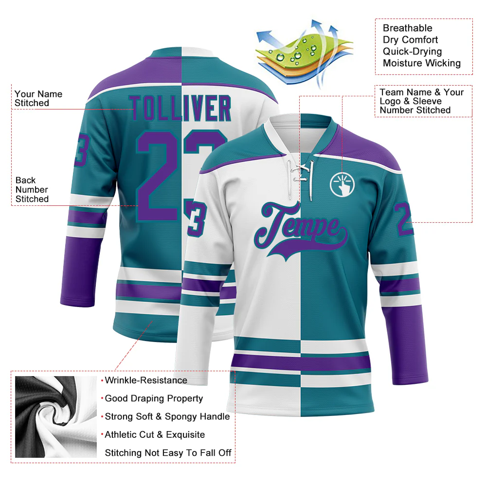 Custom Teal Purple-White Split Fashion Hockey Lace Neck Jersey - Image 3