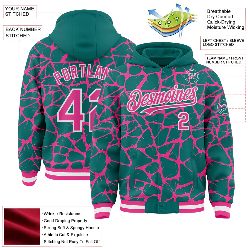 Custom Teal Pink-White Abstract Network Bomber Full-Snap Varsity Letterman Hoodie Jacket - Image 4