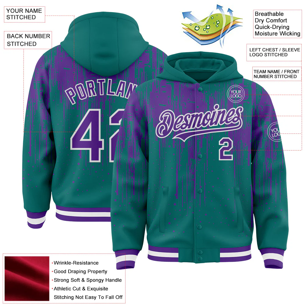 Custom Teal Purple-White Dripping Splatter Bomber Full-Snap Varsity Letterman Hoodie Jacket - Image 4