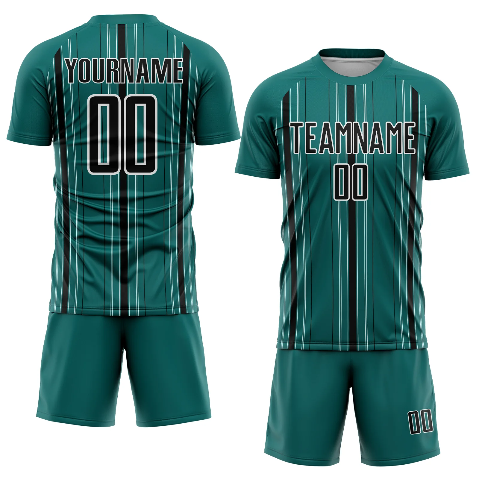 Custom Teal Black-White Stripe Sublimation Soccer Uniform Jersey - Image 2