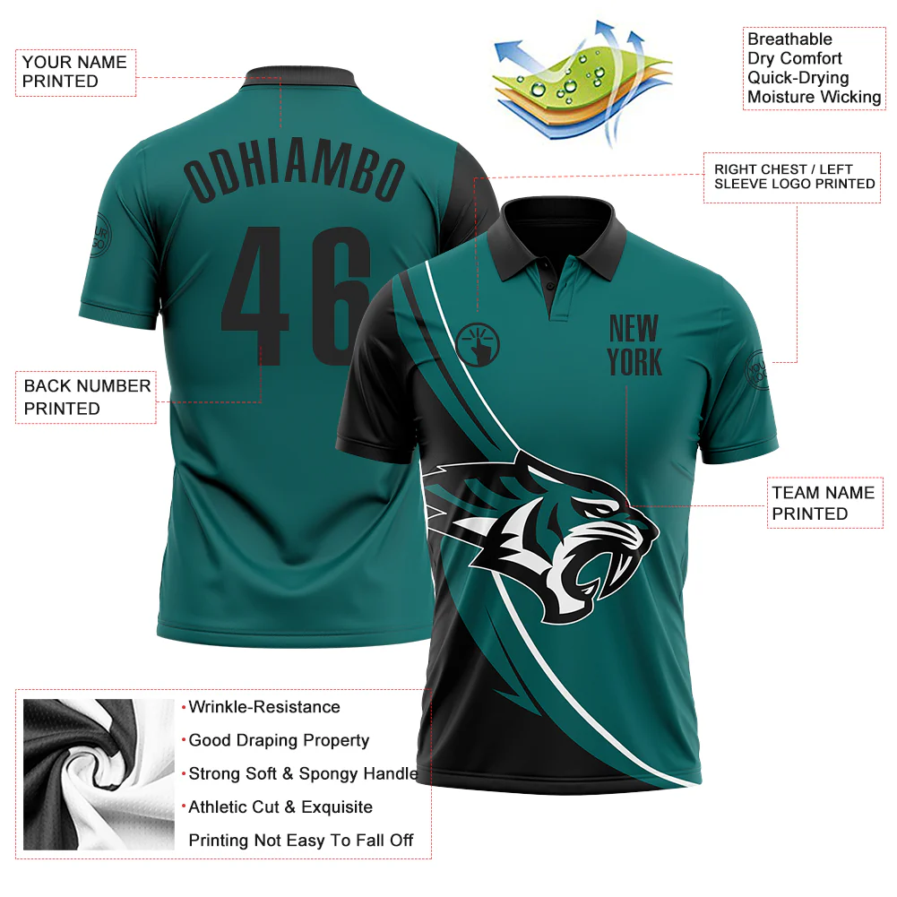 Custom Teal Black-White 3D Pattern Design Animal Tiger Performance Polo Shirt - Image 3