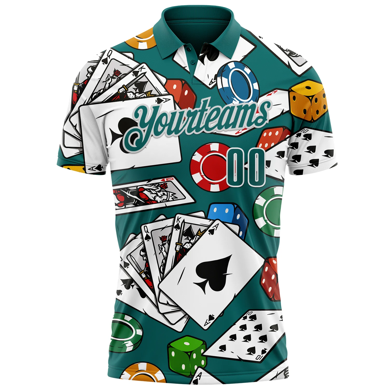 Custom Teal White 3D Gambling Poker Performance Polo Shirt - Image 2