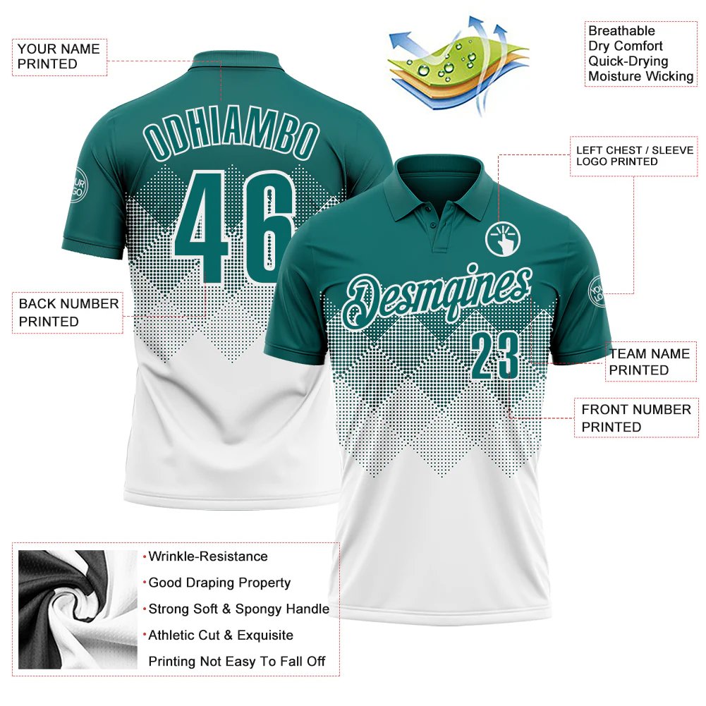 Custom Teal White 3D Gradient Square Shape Performance Polo Shirt - Image 3