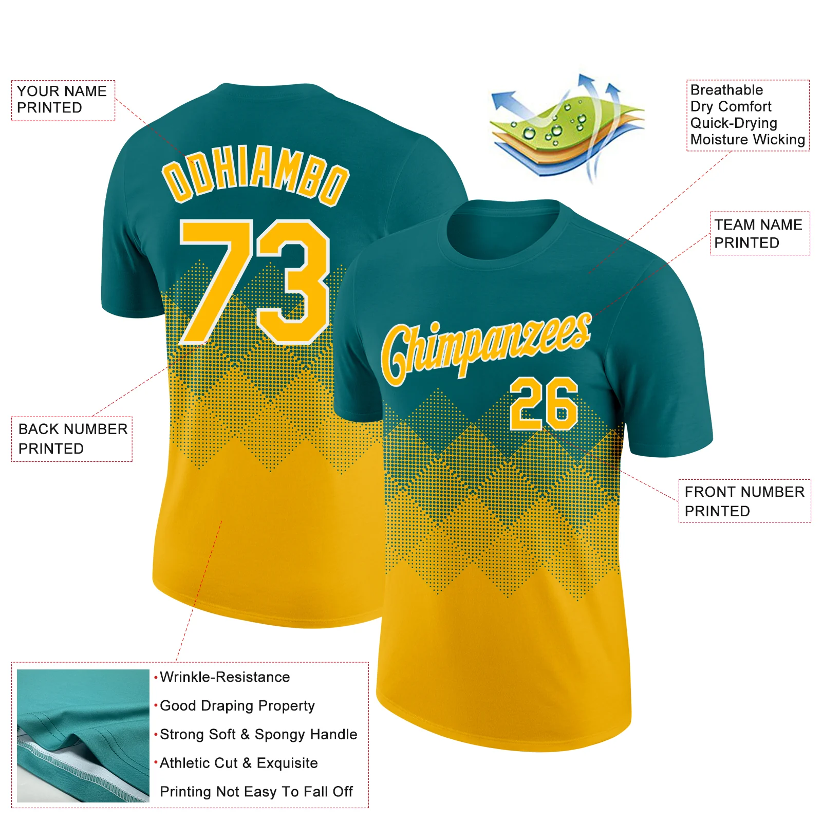 Custom Teal Gold-White 3D Pattern Design Gradient Square Shapes Performance T-Shirt - Image 2