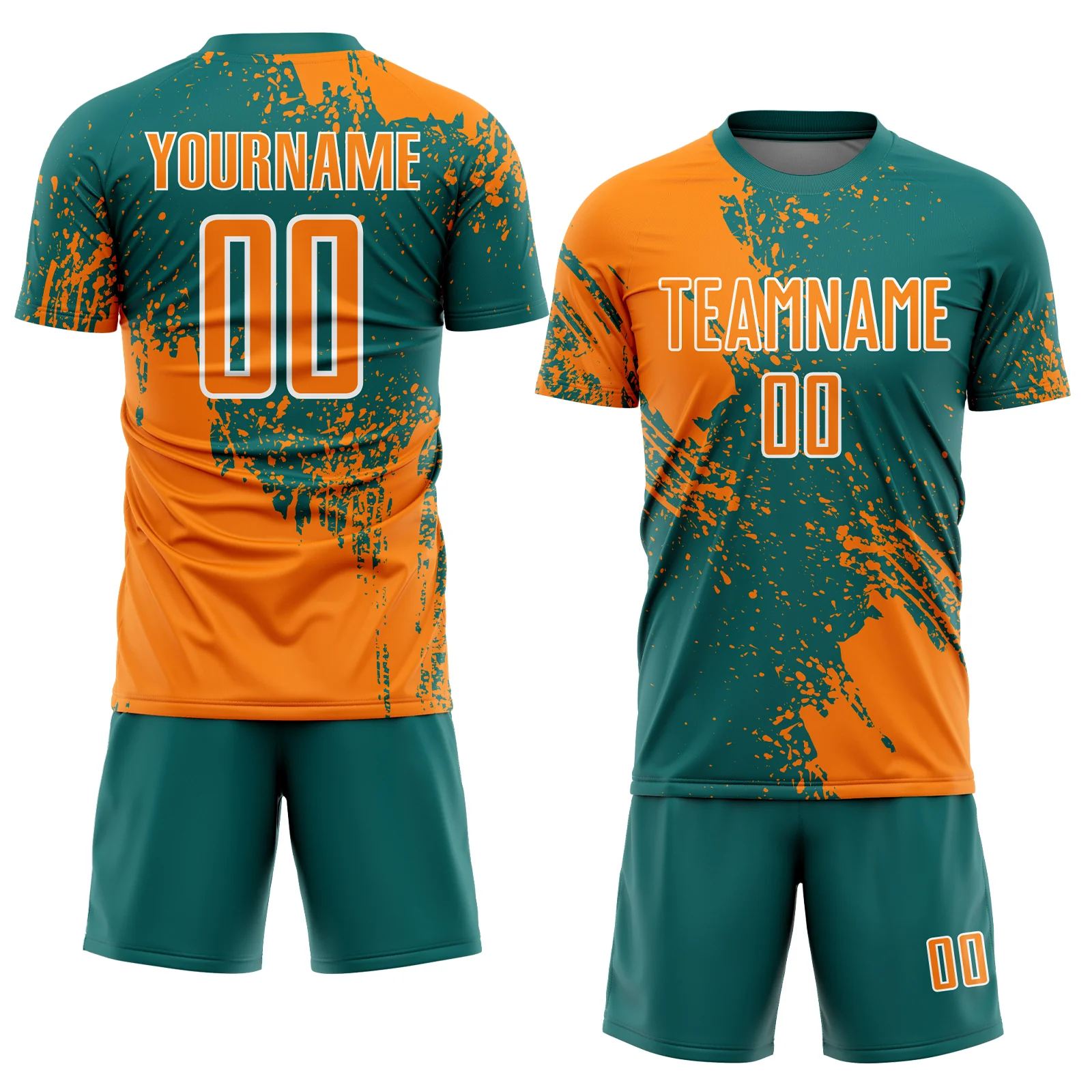 Custom Teal Bay Orange-White Abstract Brush Stroke Sports Sublimation Soccer Uniform Jersey - Image 2