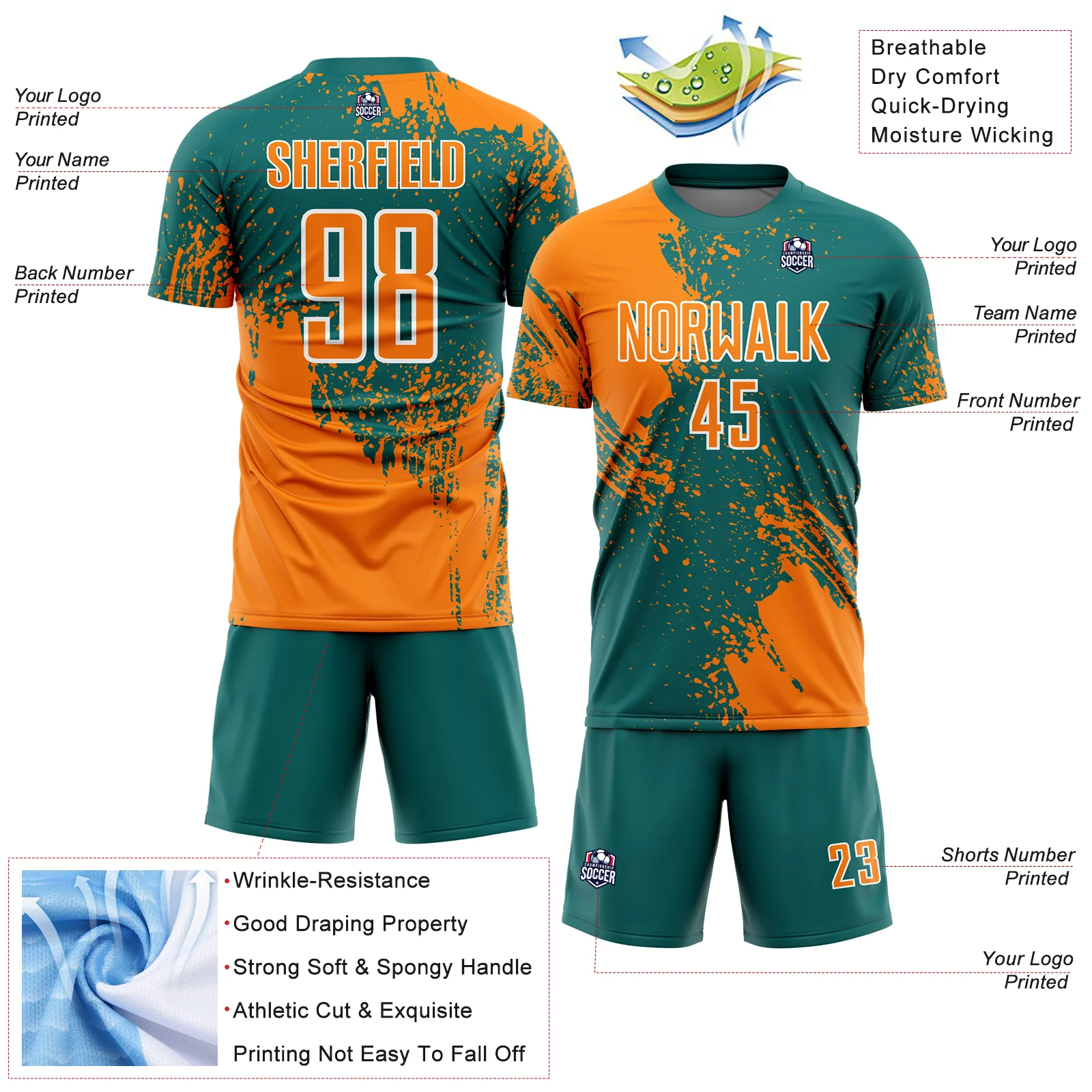 Custom Teal Bay Orange-White Abstract Brush Stroke Sports Sublimation Soccer Uniform Jersey - Image 4