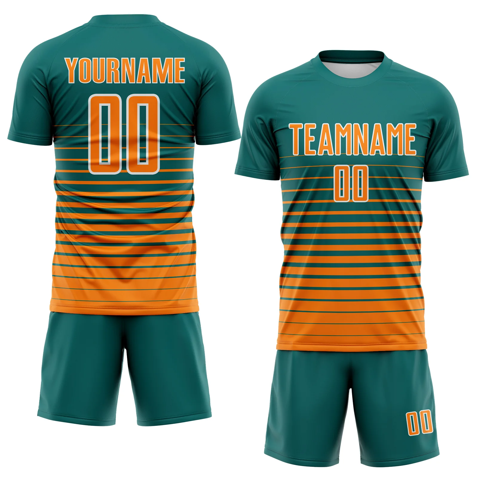 Custom Teal Bay Orange-White Gradient Pinstripe Sublimation Soccer Uniform Jersey - Image 2