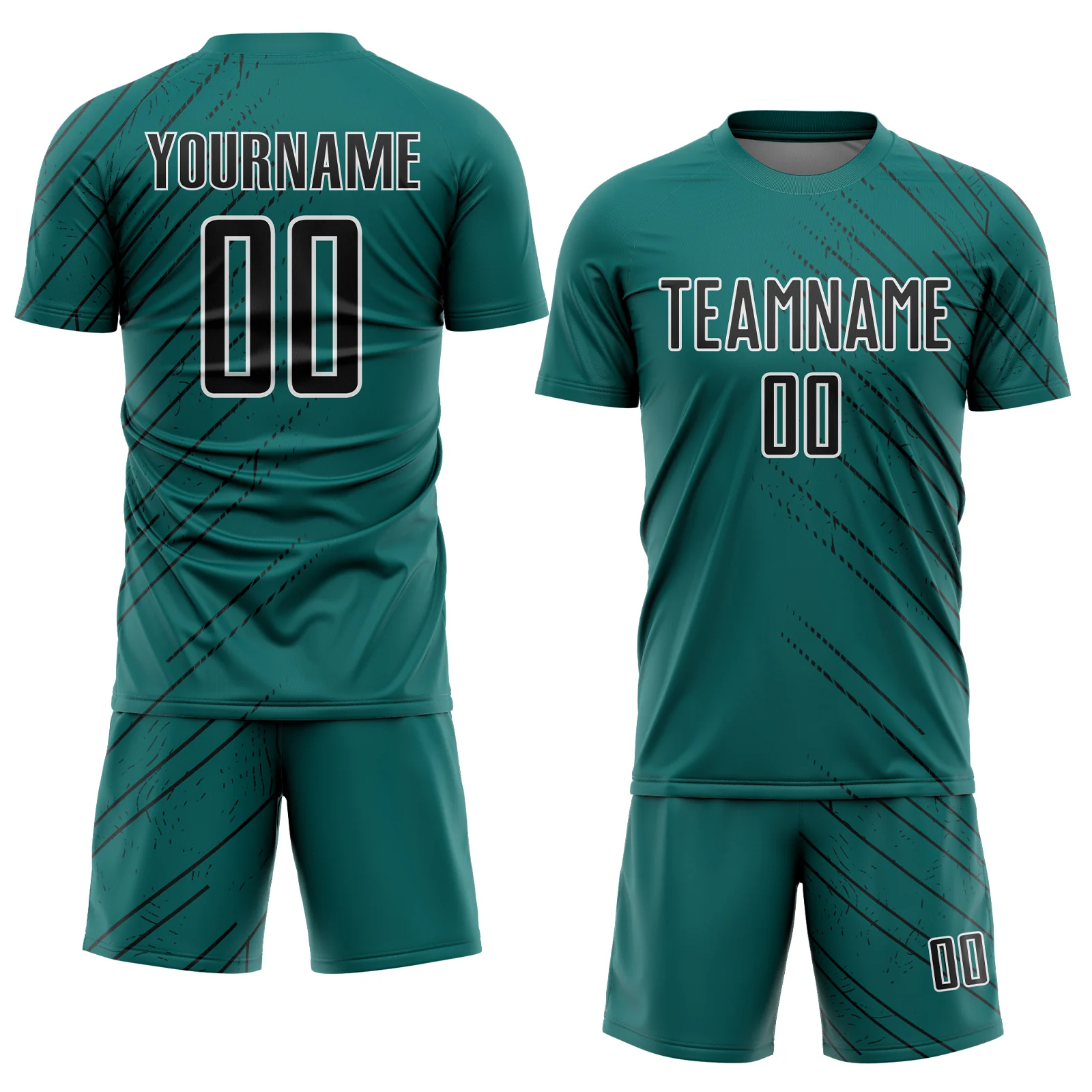 Custom Teal Black-White Lines Sports Sublimation Soccer Uniform Jersey - Image 2