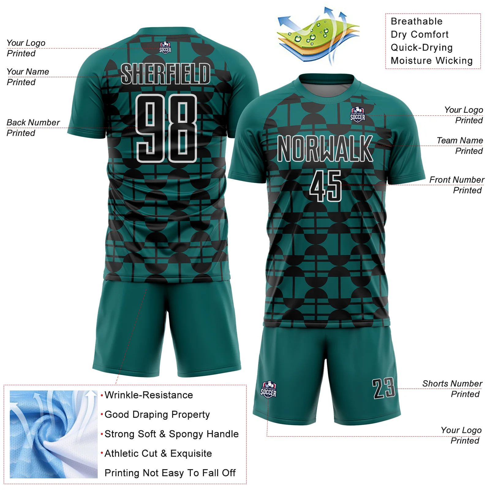 Custom Teal Black-White Geometric Shapes Sports Sublimation Soccer Uniform Jersey - Image 4