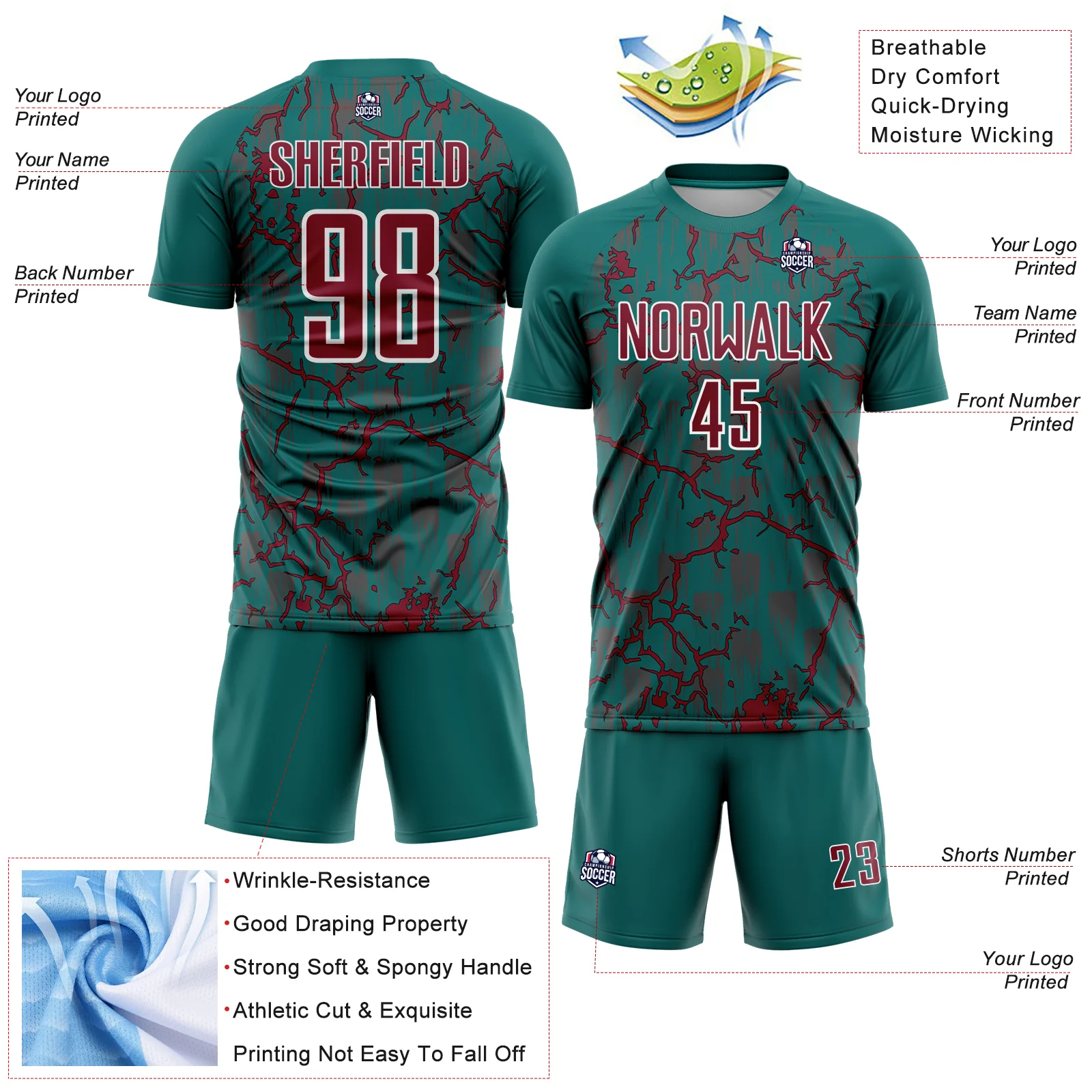 Custom Teal Crimson-White Lightning Sublimation Soccer Uniform Jersey - Image 4