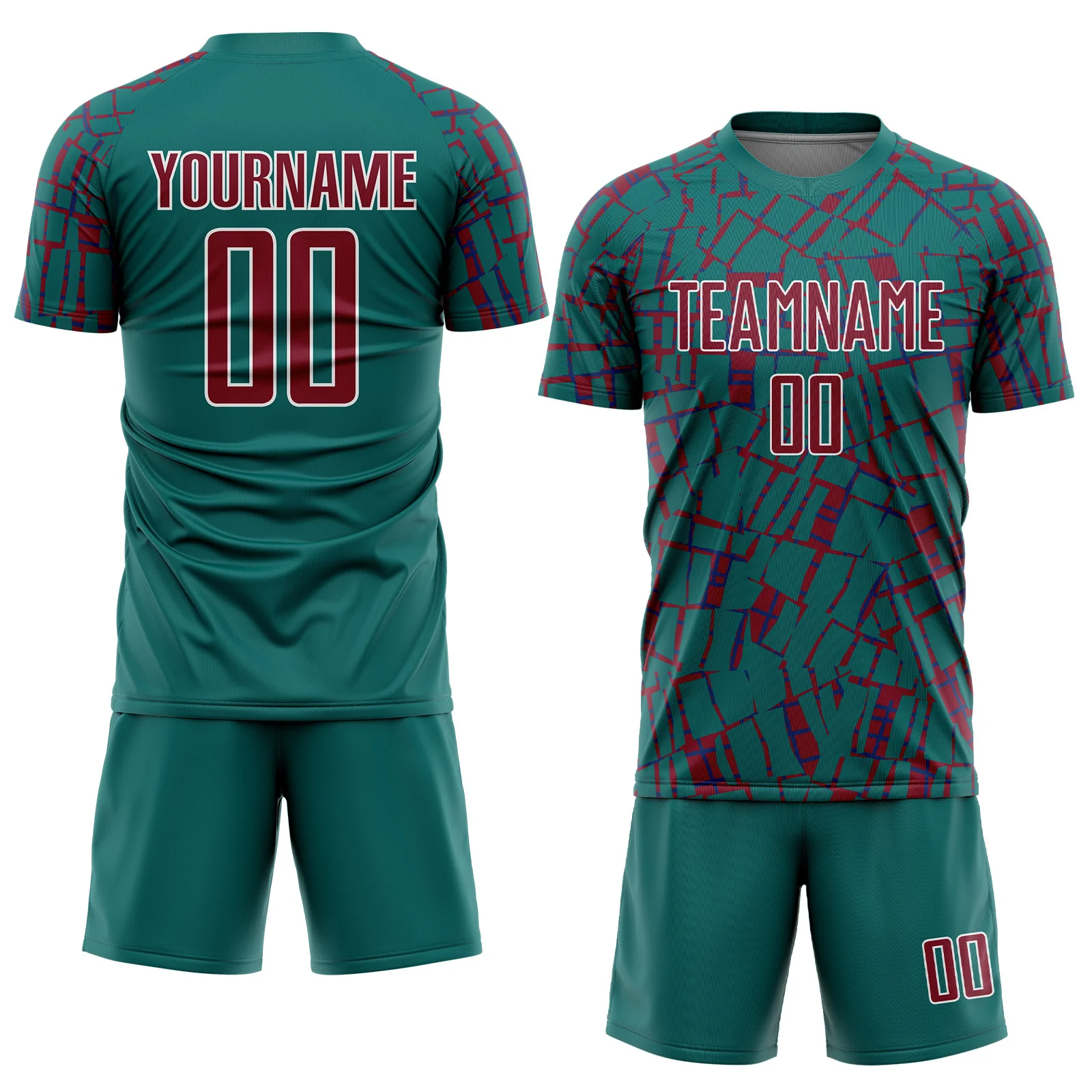 Custom Teal Crimson-White Abstract Line Sports Sublimation Soccer Uniform Jersey - Image 2