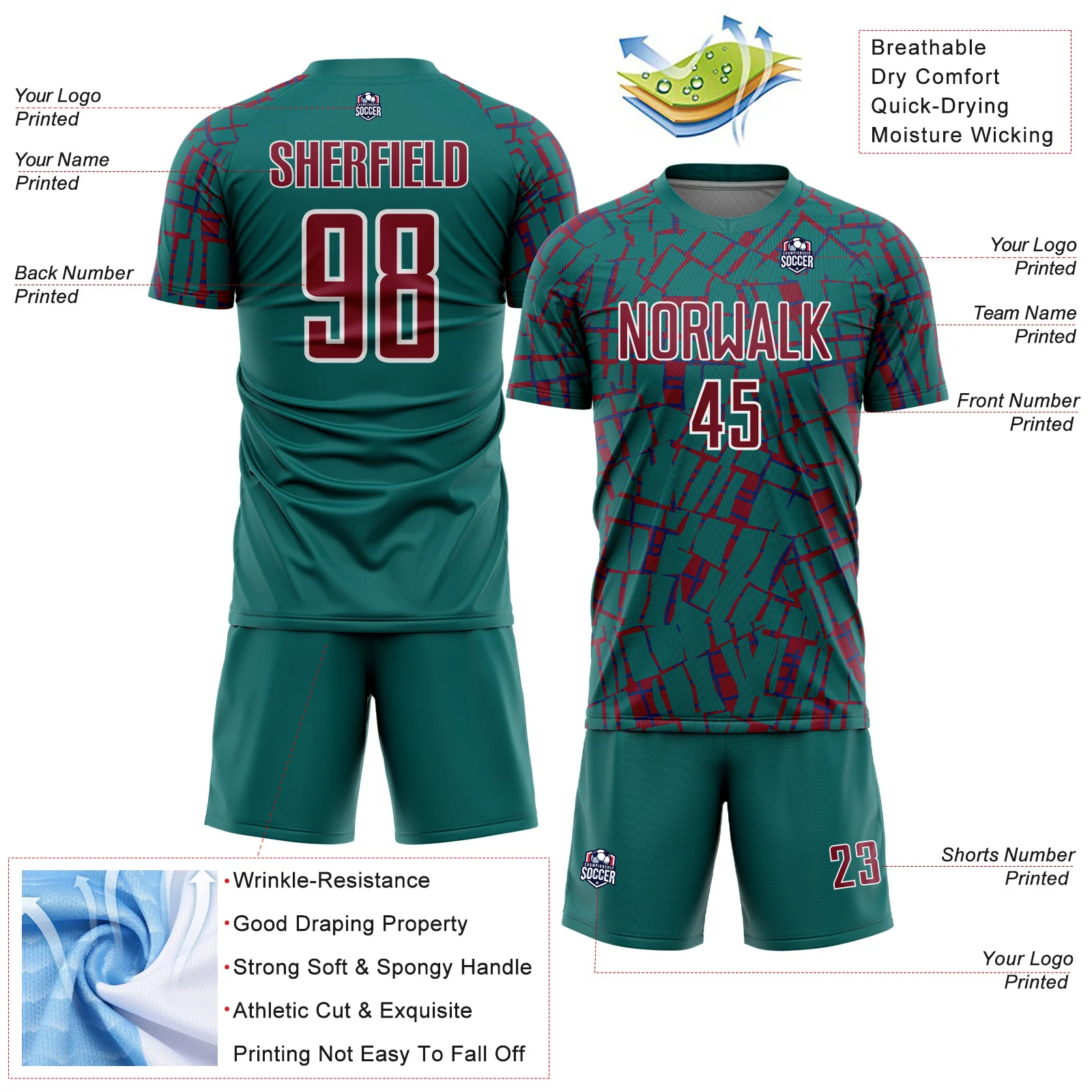 Custom Teal Crimson-White Abstract Line Sports Sublimation Soccer Uniform Jersey - Image 4