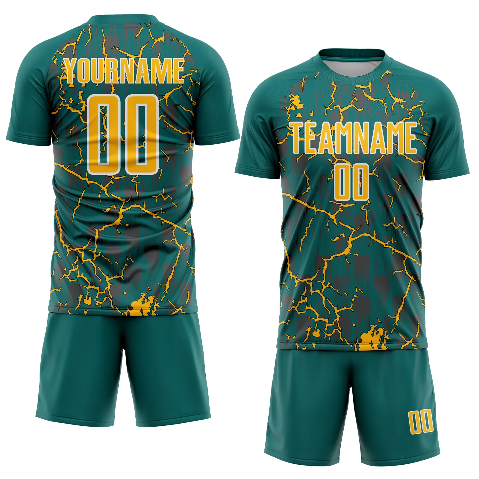 Custom Teal Gold-White Lightning Sublimation Soccer Uniform Jersey - Image 2