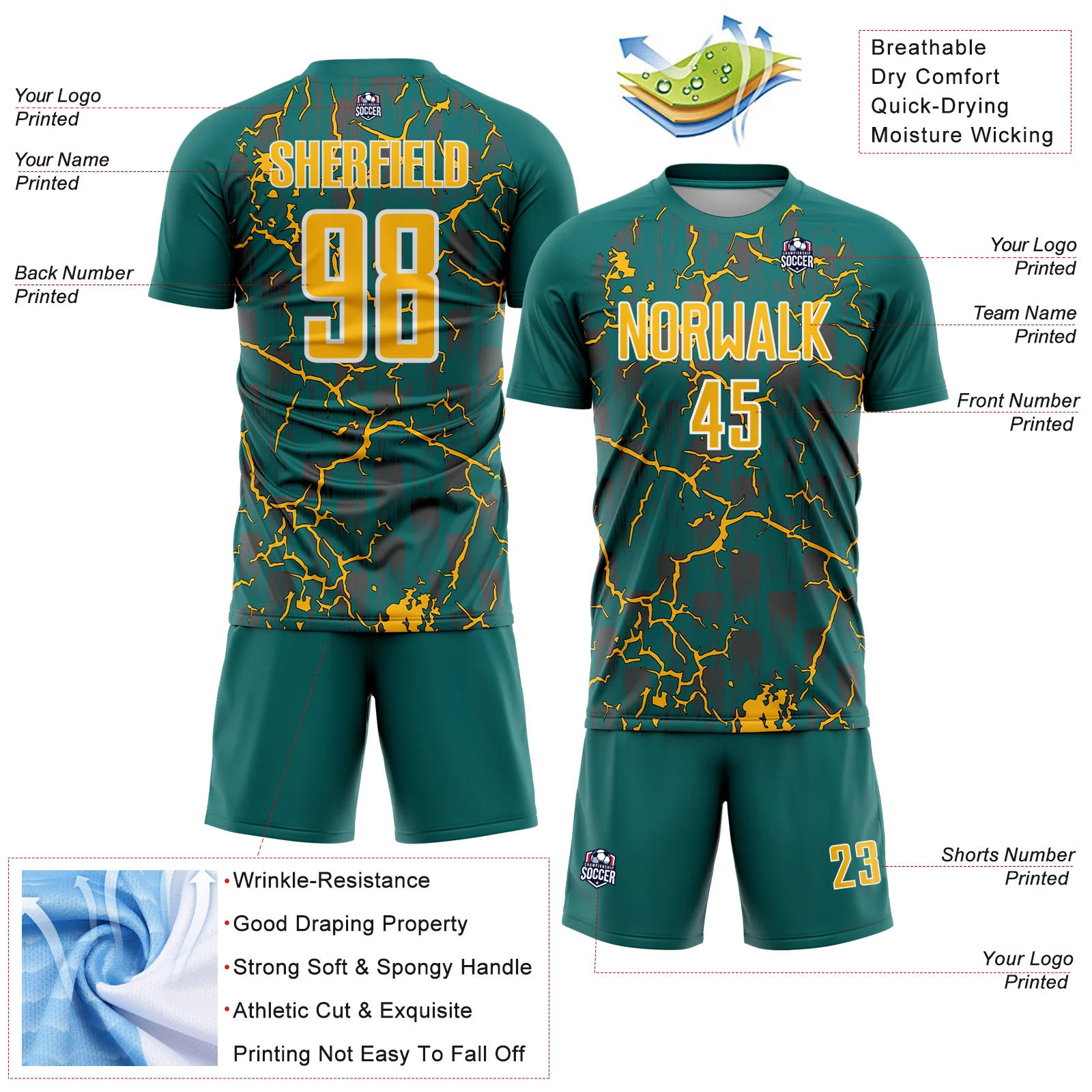 Custom Teal Gold-White Lightning Sublimation Soccer Uniform Jersey - Image 4