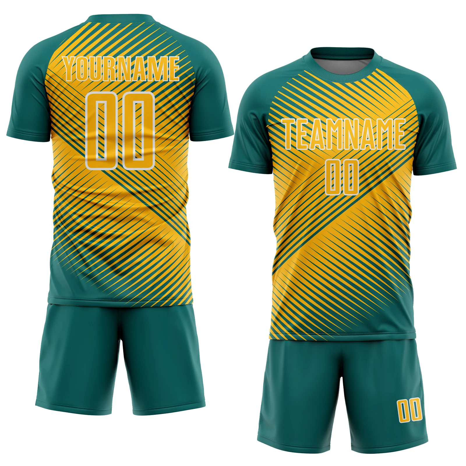 Custom Teal Gold-White Line Sublimation Soccer Uniform Jersey - Image 2