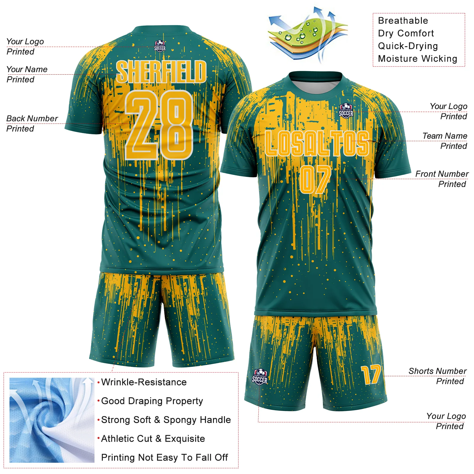 Custom Teal Gold-White Dripping Splatte Pattern Sports Sublimation Soccer Uniform Jersey - Image 4