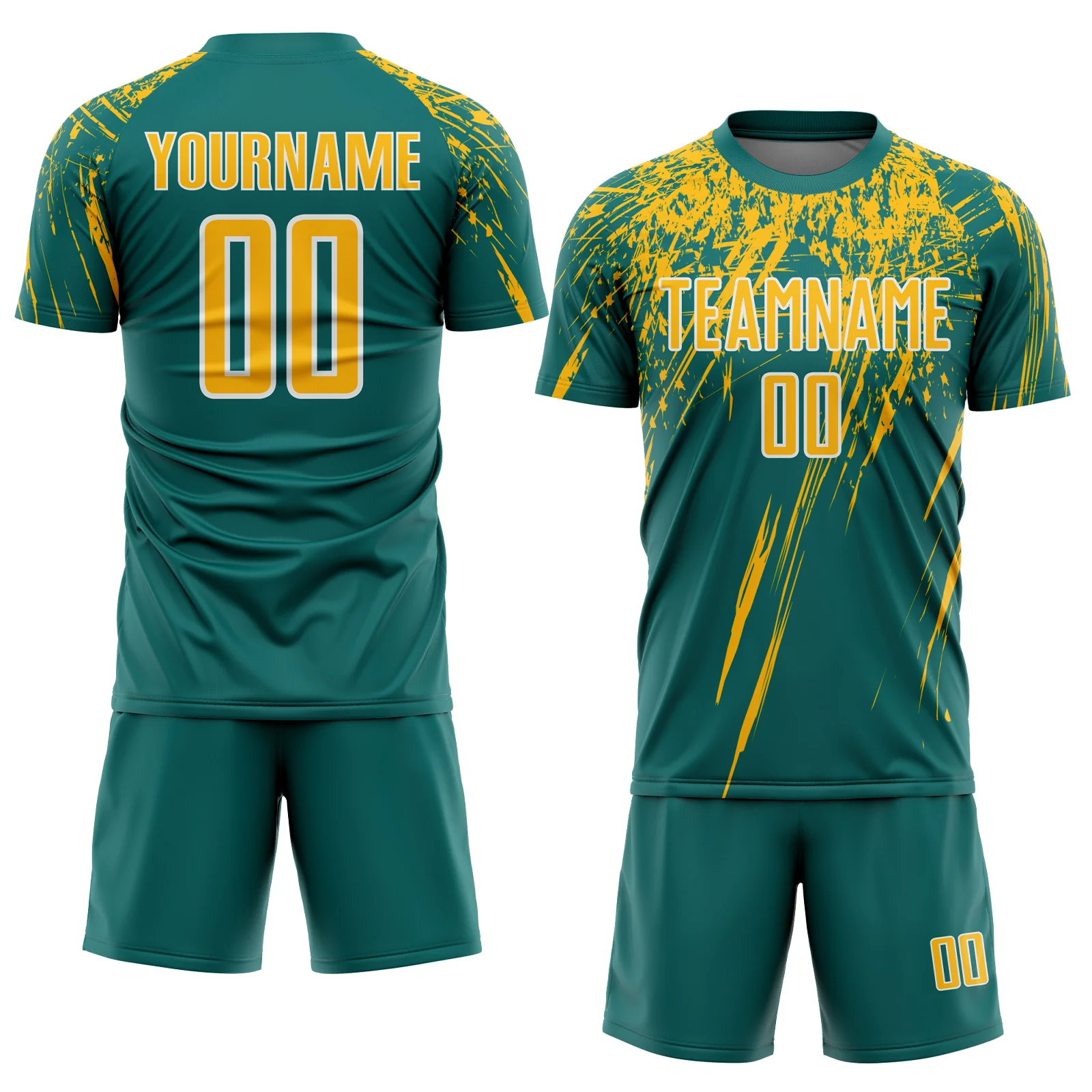 Custom Teal Gold-White Splash Sports Sublimation Soccer Uniform Jersey - Image 2