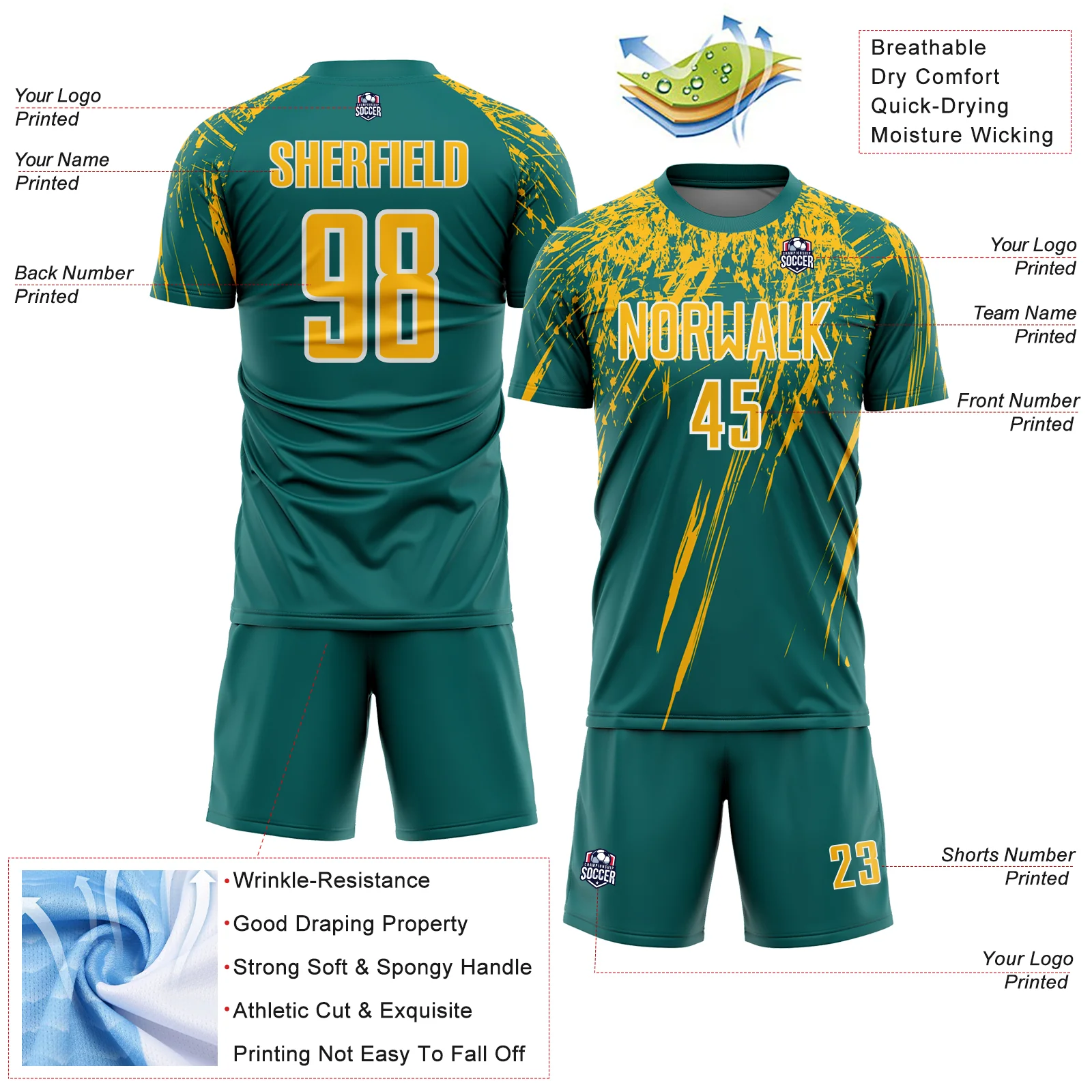 Custom Teal Gold-White Splash Sports Sublimation Soccer Uniform Jersey - Image 4