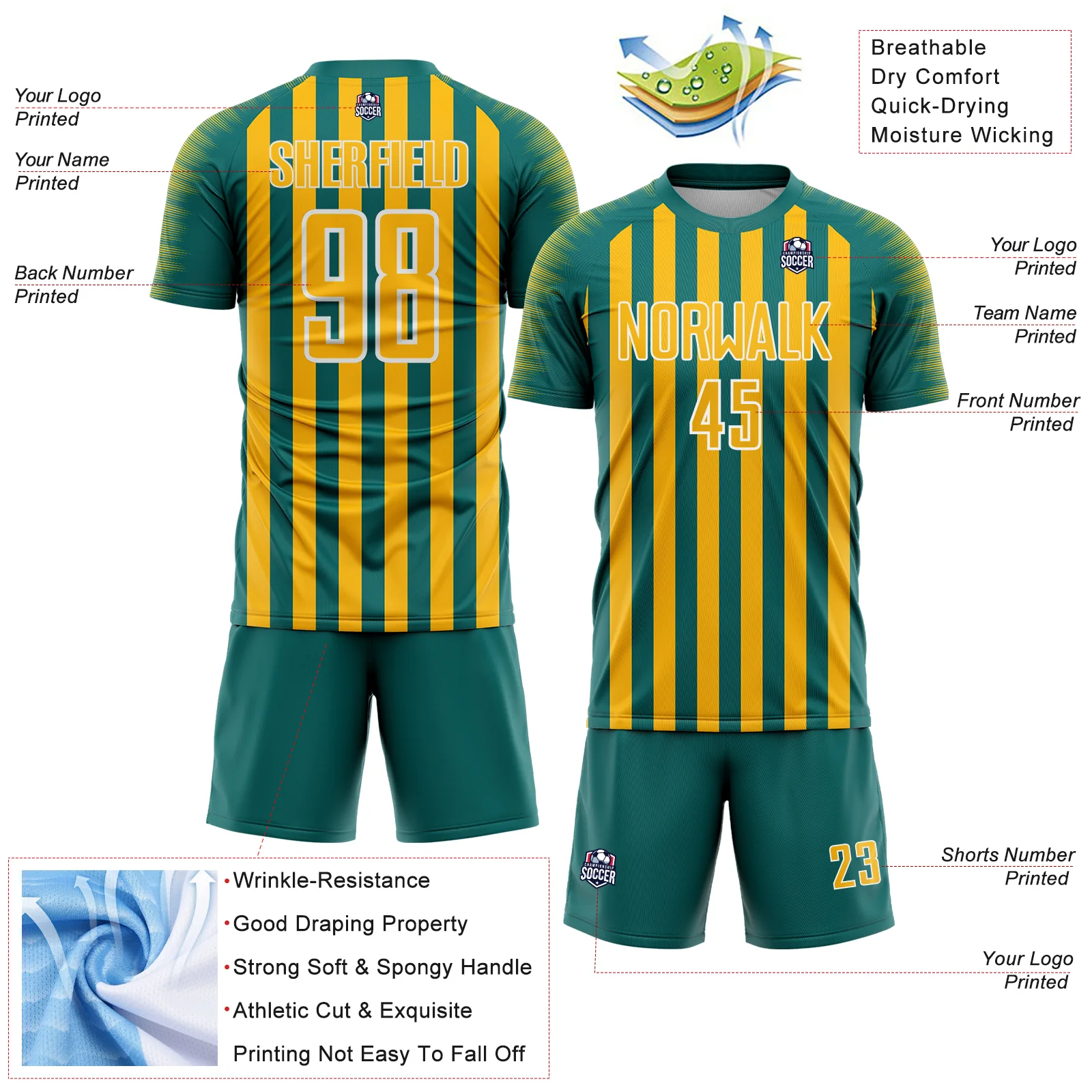 Custom Teal Gold-White Stripe Sports Sublimation Soccer Uniform Jersey - Image 4