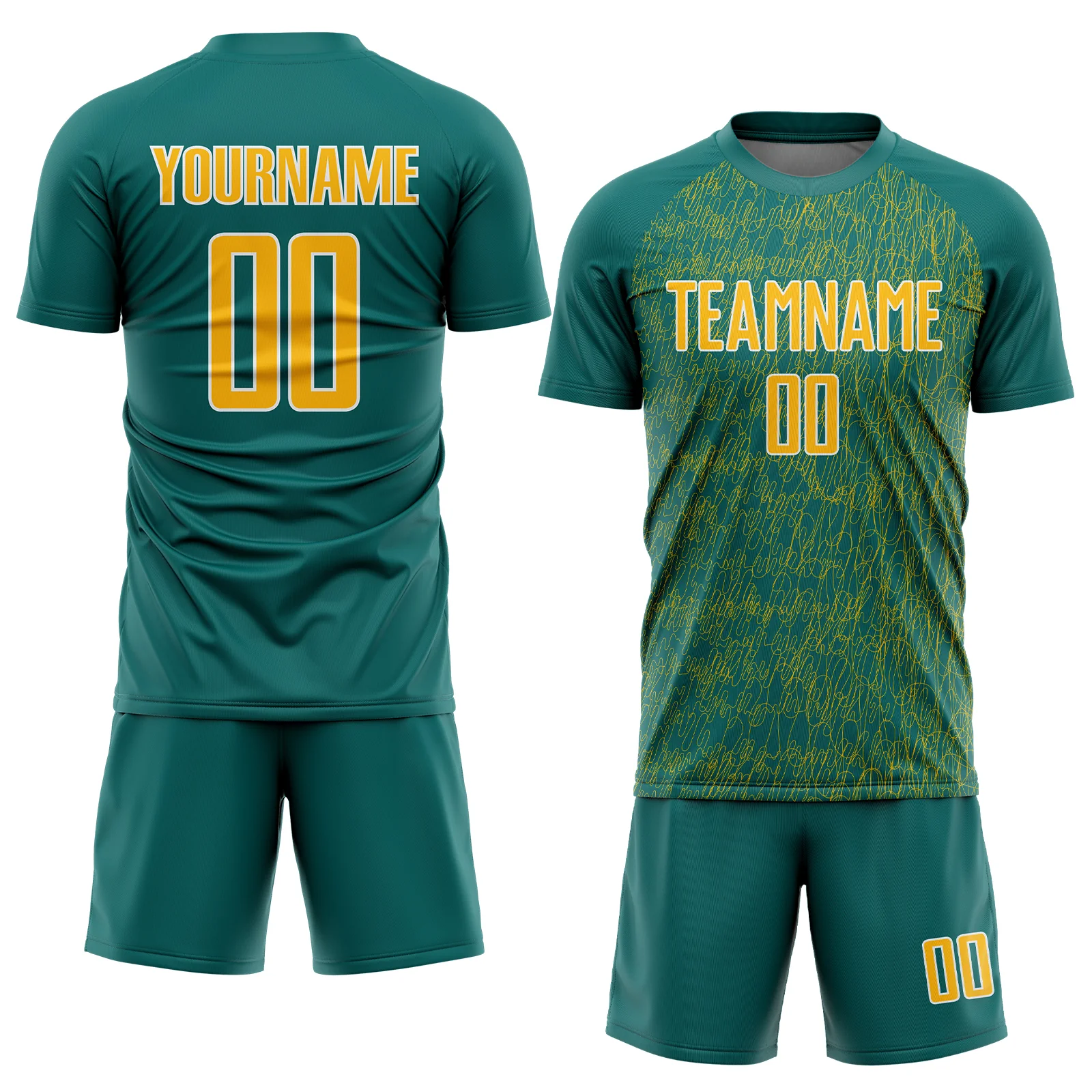 Custom Teal Gold-White Abstract Scribble Curve Line Pattern Sports Sublimation Soccer Uniform Jersey - Image 2