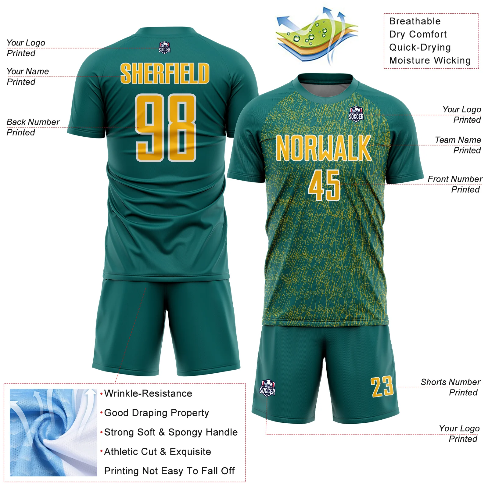Custom Teal Gold-White Abstract Scribble Curve Line Pattern Sports Sublimation Soccer Uniform Jersey - Image 4