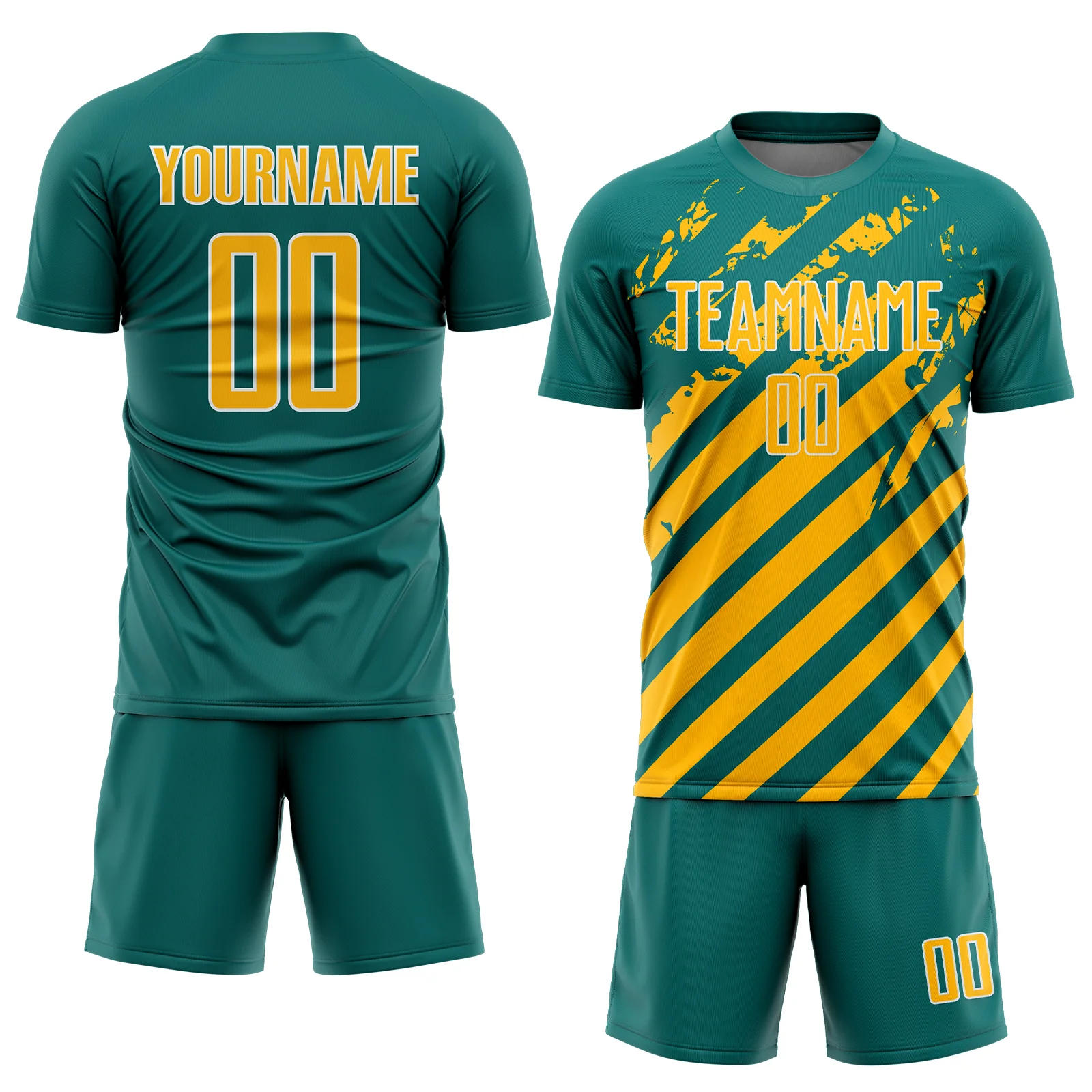 Custom Teal Gold-White Distressed Diagonal Stripe Pattern Sports Sublimation Soccer Uniform Jersey - Image 2
