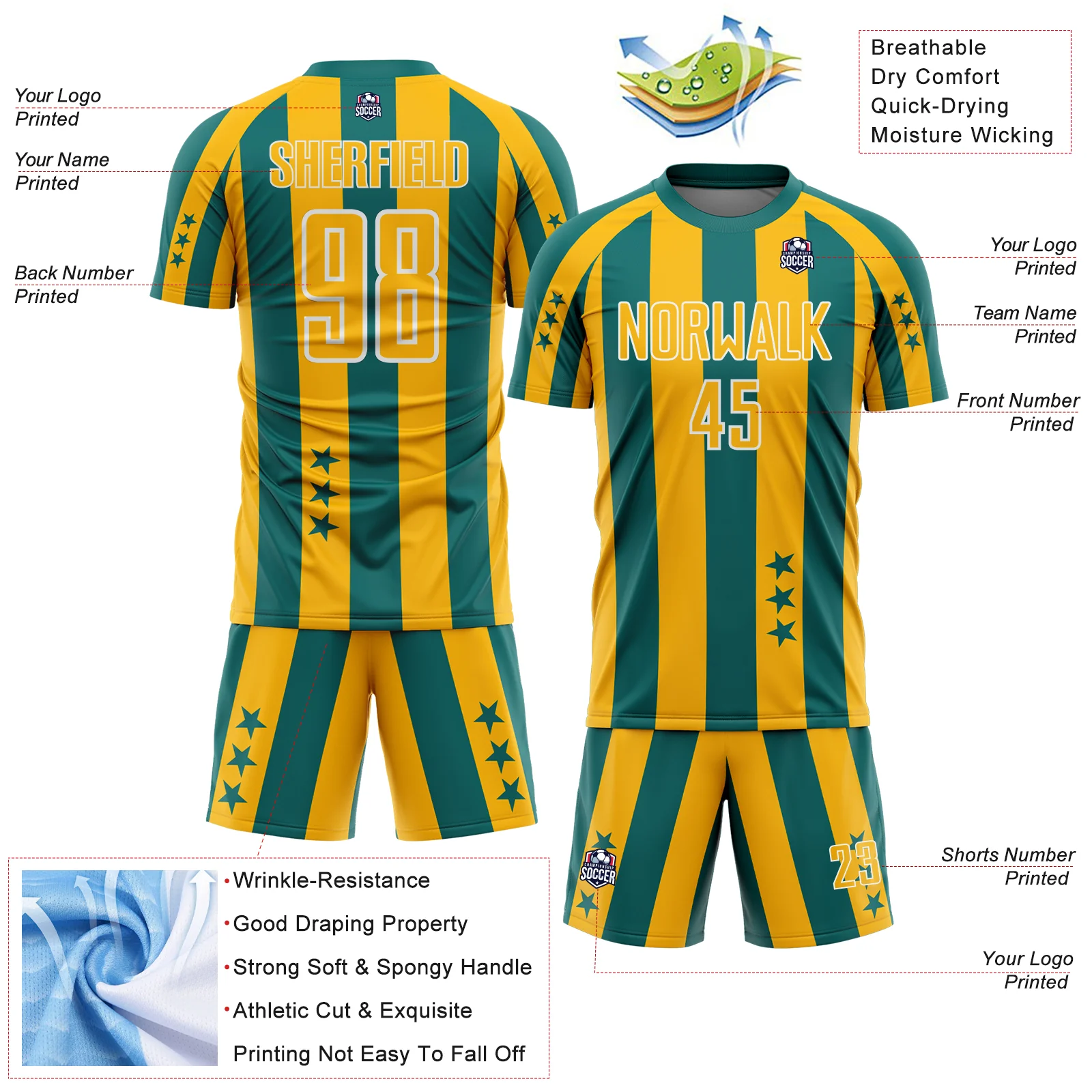 Custom Teal Gold-White Stars And Stripes Sports Sublimation Soccer Uniform Jersey - Image 4