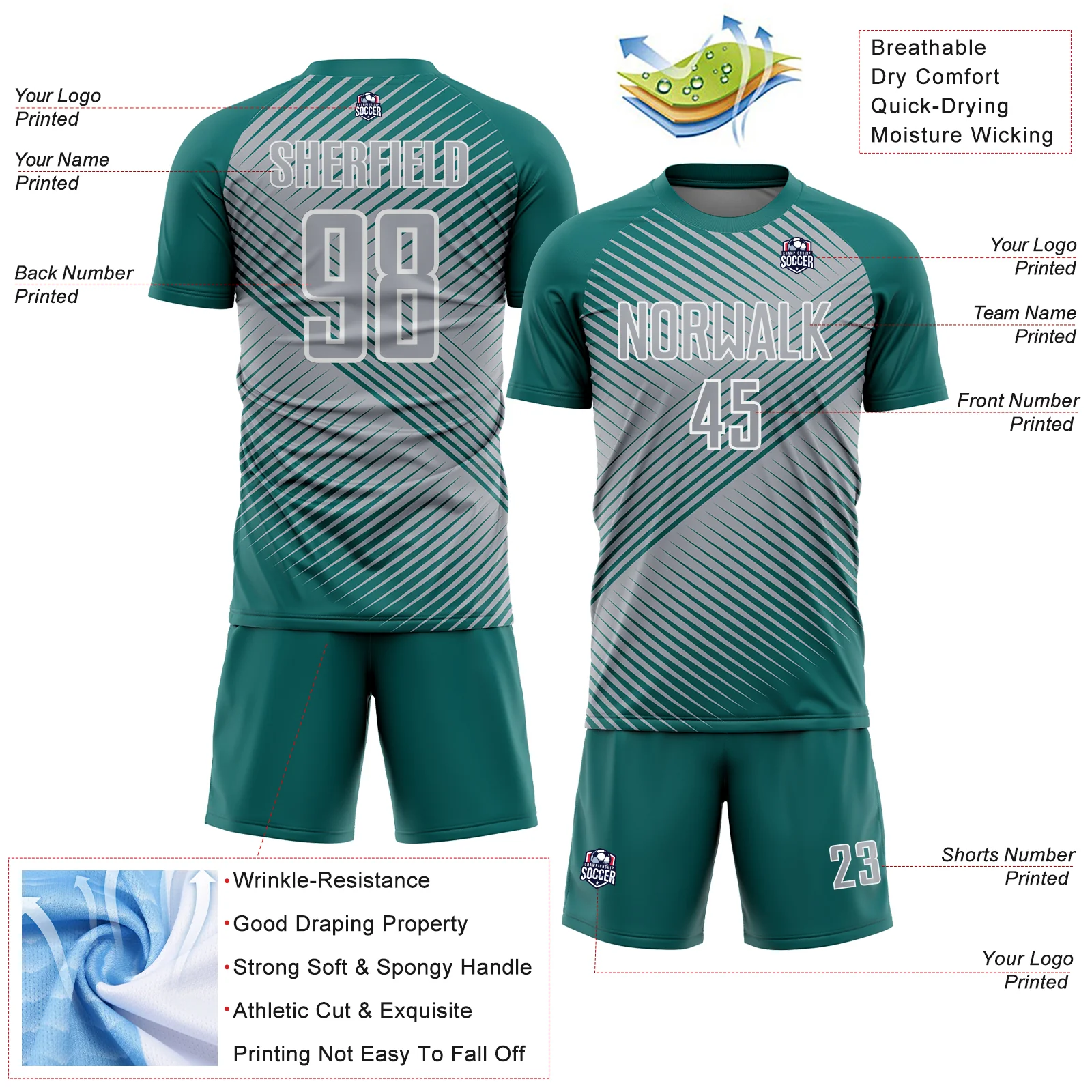 Custom Teal Gray-White Line Sublimation Soccer Uniform Jersey - Image 4