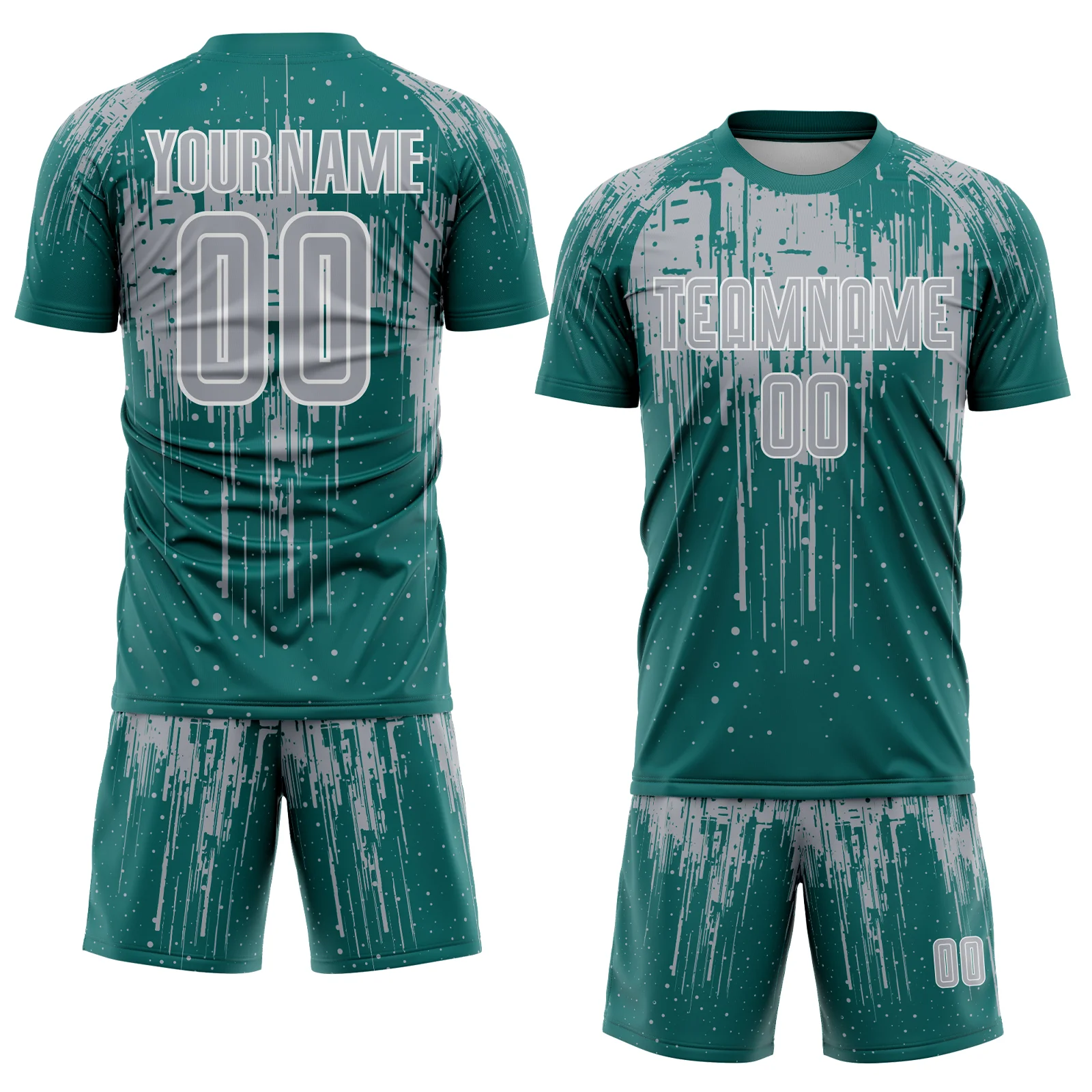 Custom Teal Gray-White Dripping Splatte Pattern Sports Sublimation Soccer Uniform Jersey - Image 2