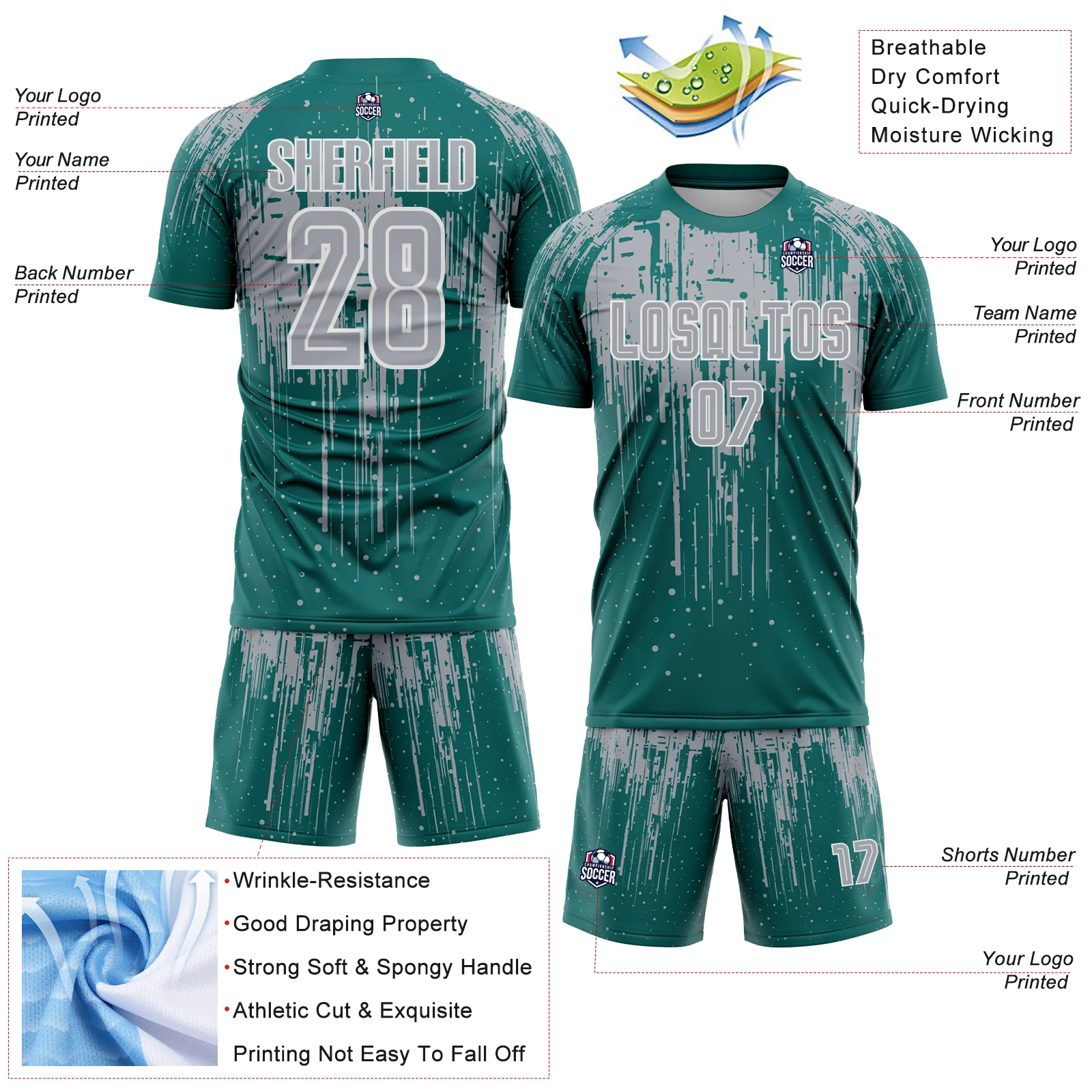 Custom Teal Gray-White Dripping Splatte Pattern Sports Sublimation Soccer Uniform Jersey - Image 4