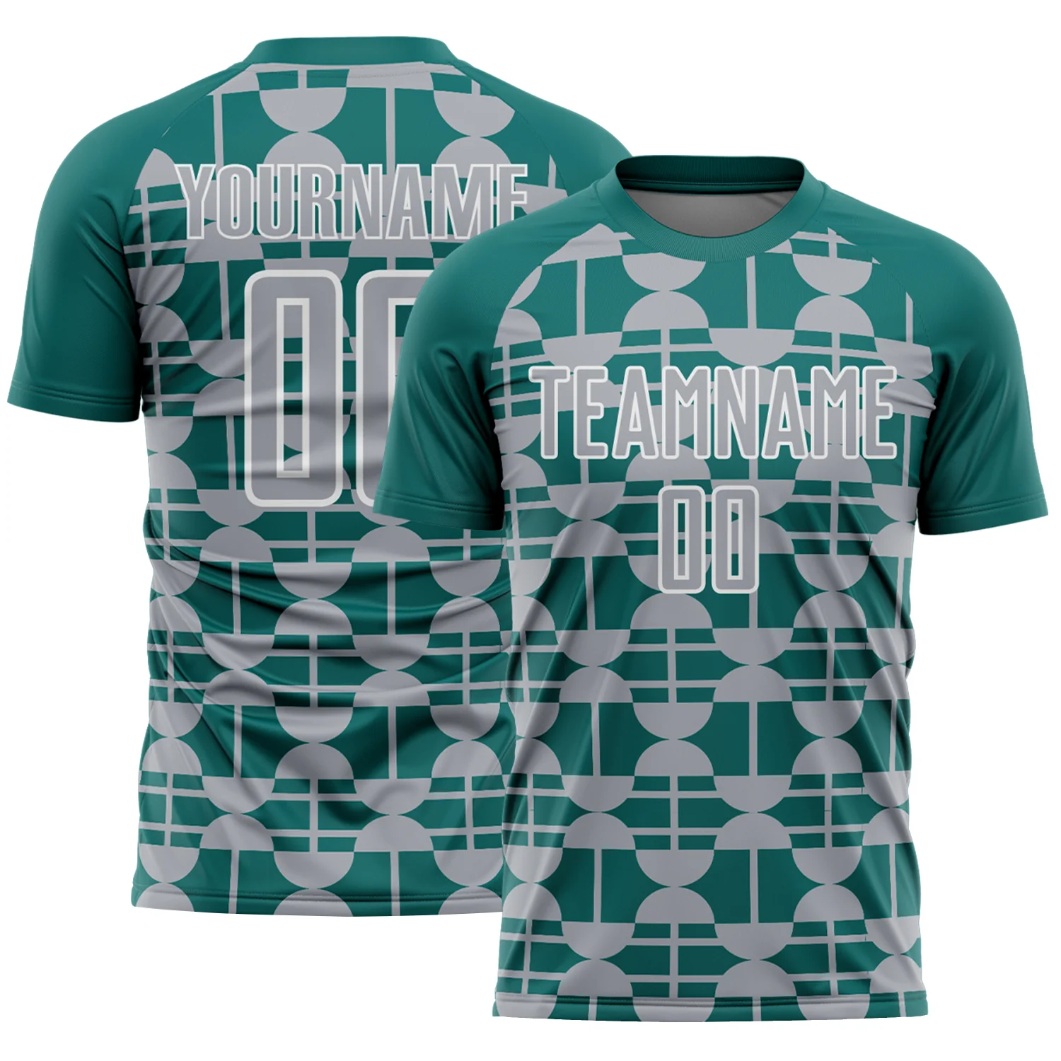 Custom Teal Gray-White Geometric Shapes Sports Sublimation Soccer Uniform Jersey