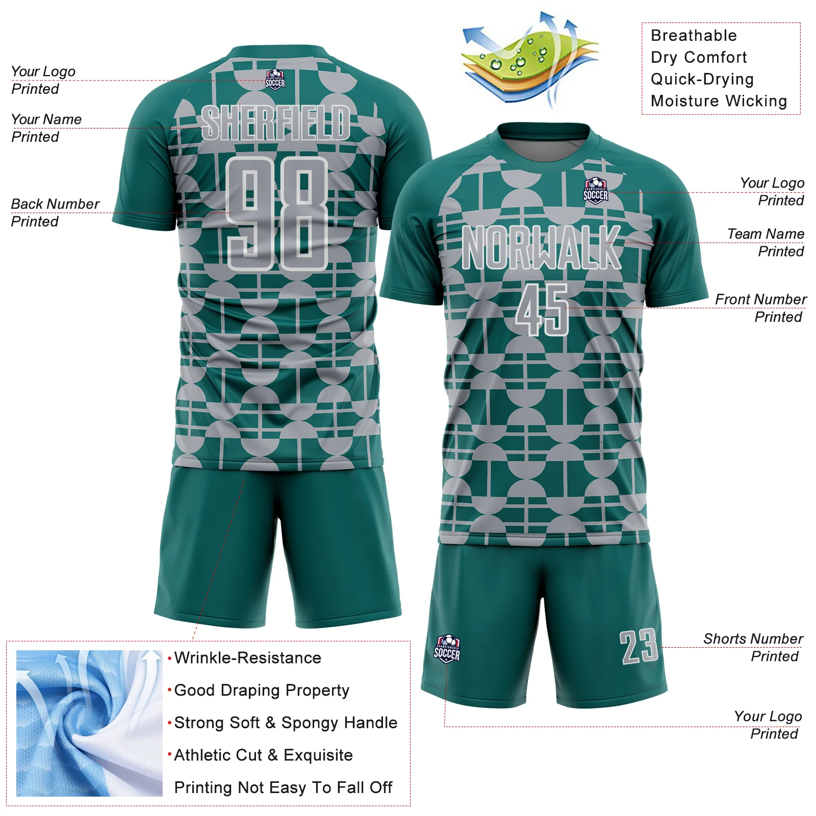 Custom Teal Gray-White Geometric Shapes Sports Sublimation Soccer Uniform Jersey - Image 4