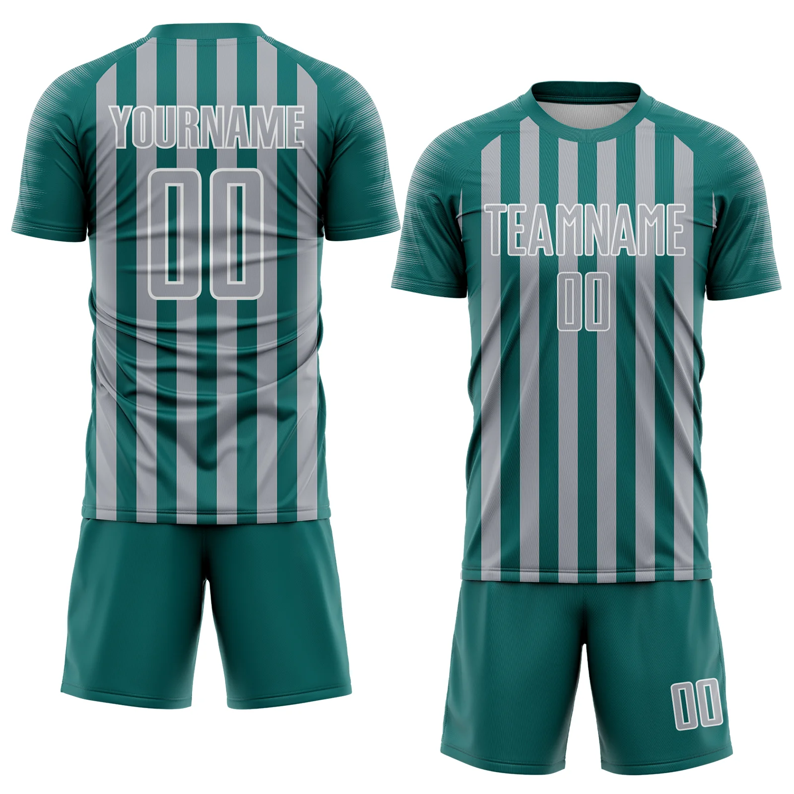 Custom Teal Gray-White Stripe Sports Sublimation Soccer Uniform Jersey - Image 2