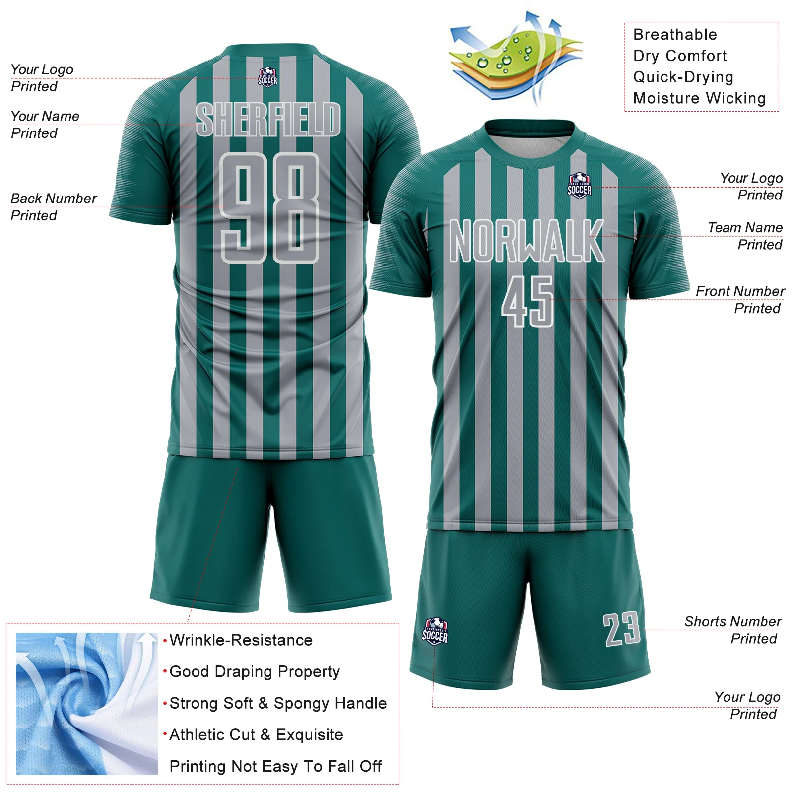 Custom Teal Gray-White Stripe Sports Sublimation Soccer Uniform Jersey - Image 4