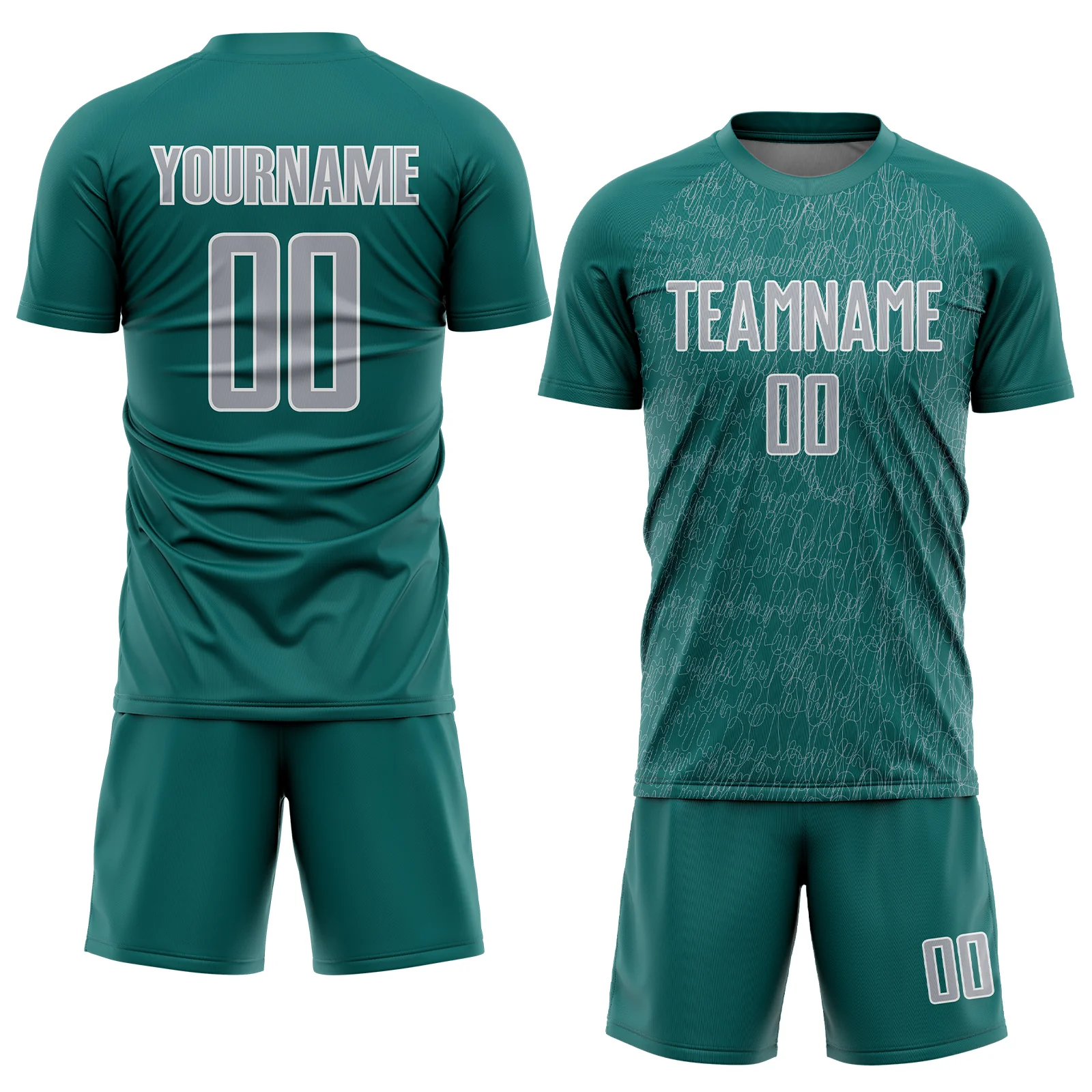 Custom Teal Gray-White Abstract Scribble Curve Line Pattern Sports Sublimation Soccer Uniform Jersey - Image 2